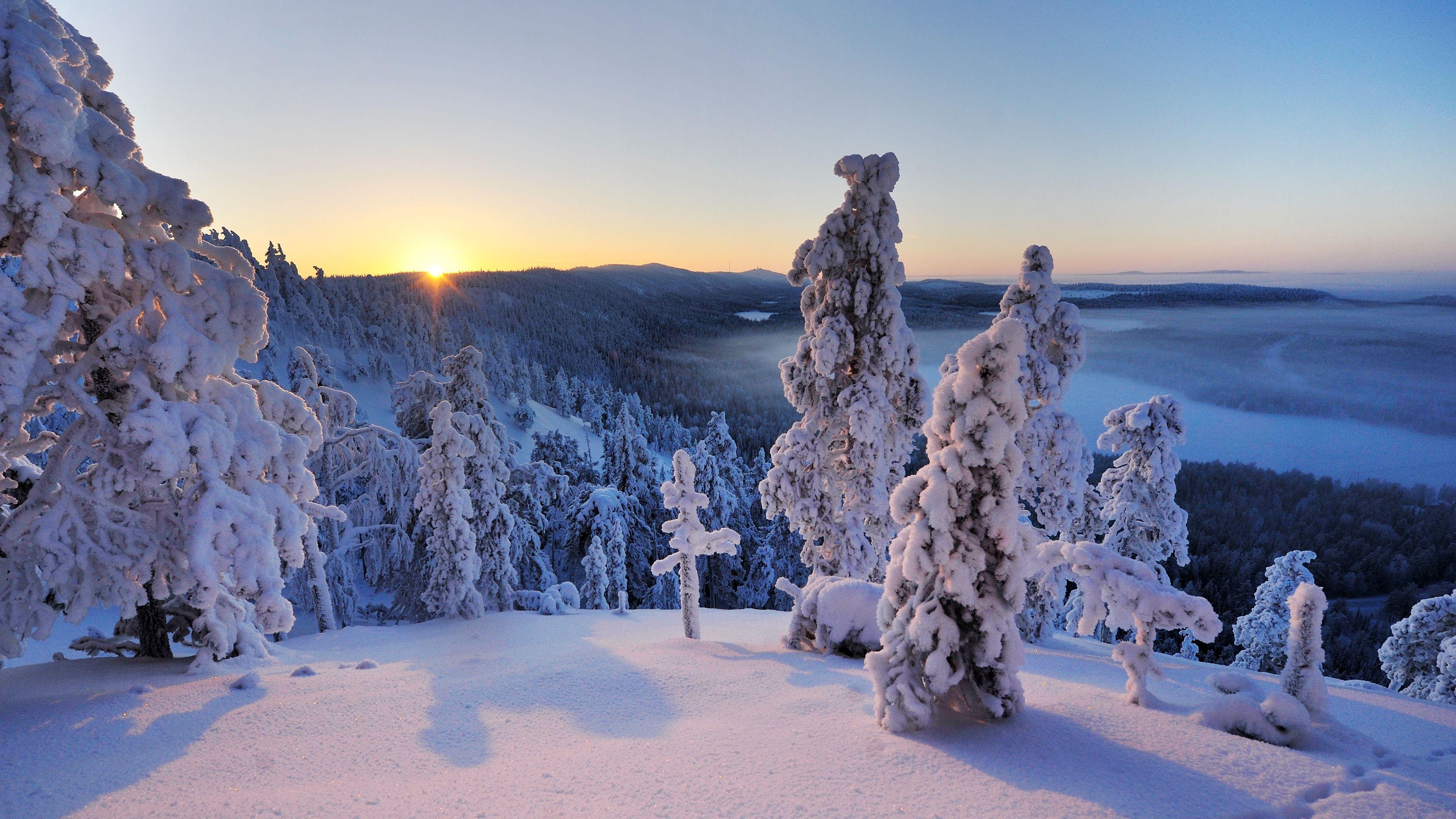 Finnland, Schnee, Hügel, Sonnenuntergang, 4K, 3840x2160 4K Desktop