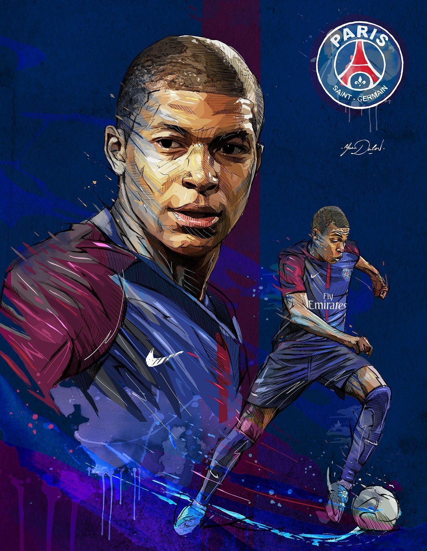 Kylian Mbappé, jung, PSG, Fußballspieler, Gemälde, 1400x1810 HD Handy