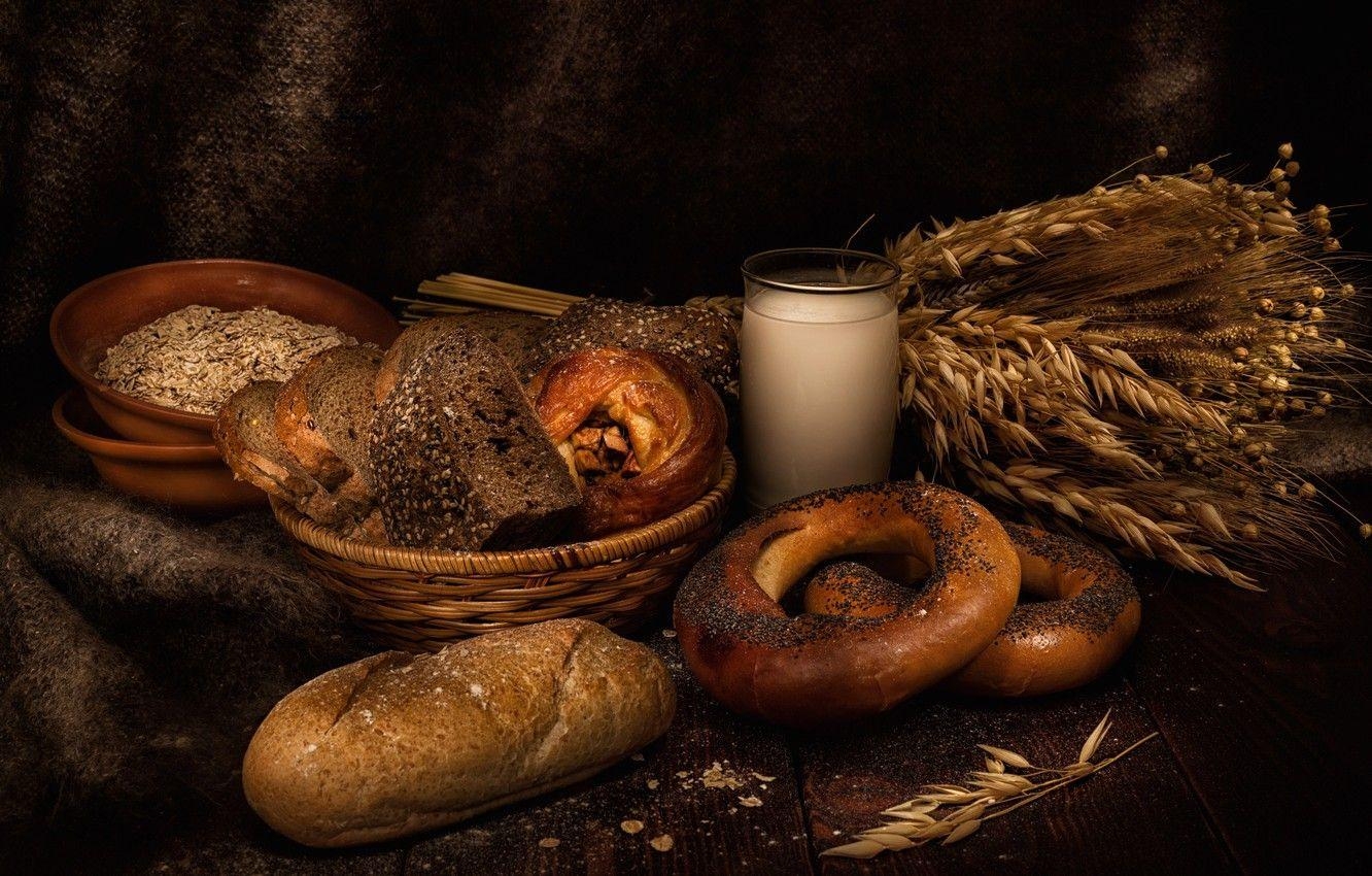 Milch, Glas, Brot, Bagels, Frühstück, 1340x850 HD Desktop