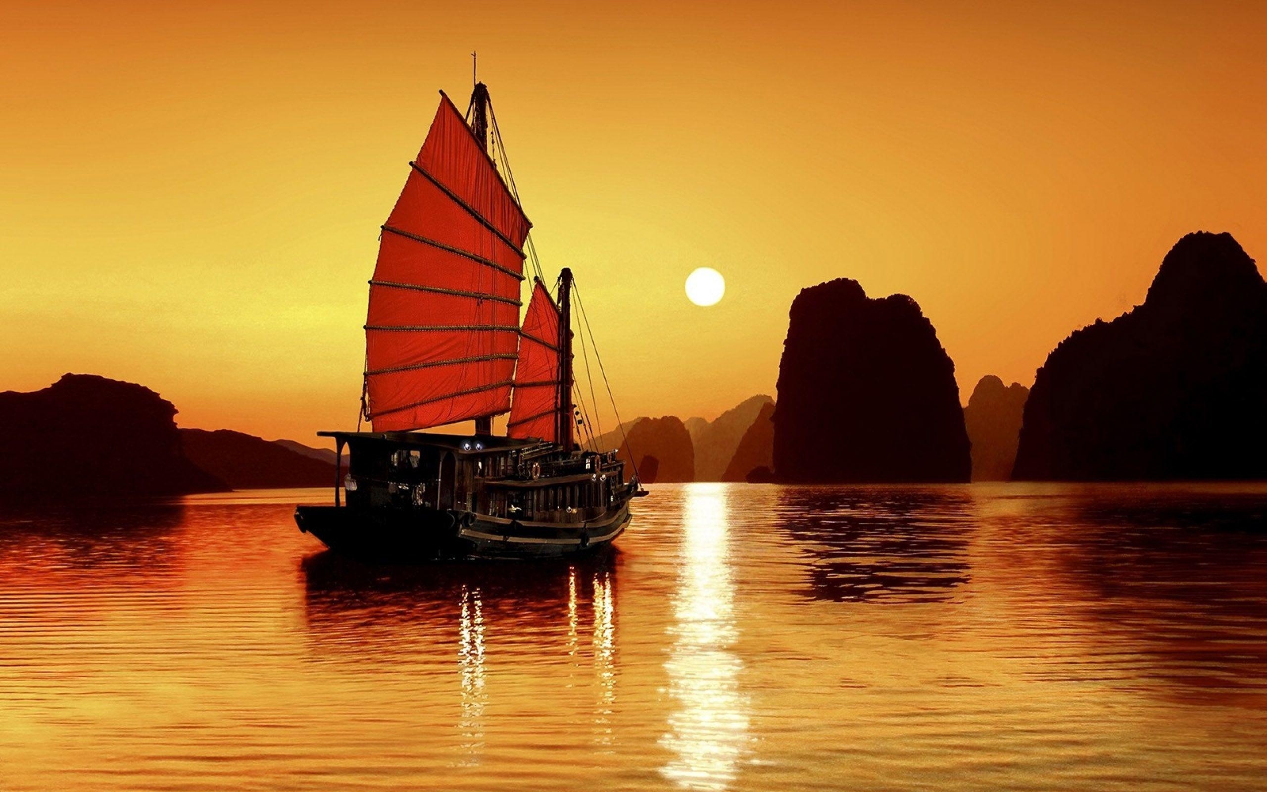 Boot, Sonnenaufgang, Ha Long Bucht, Vietnam, Morgen, 2560x1600 HD Desktop