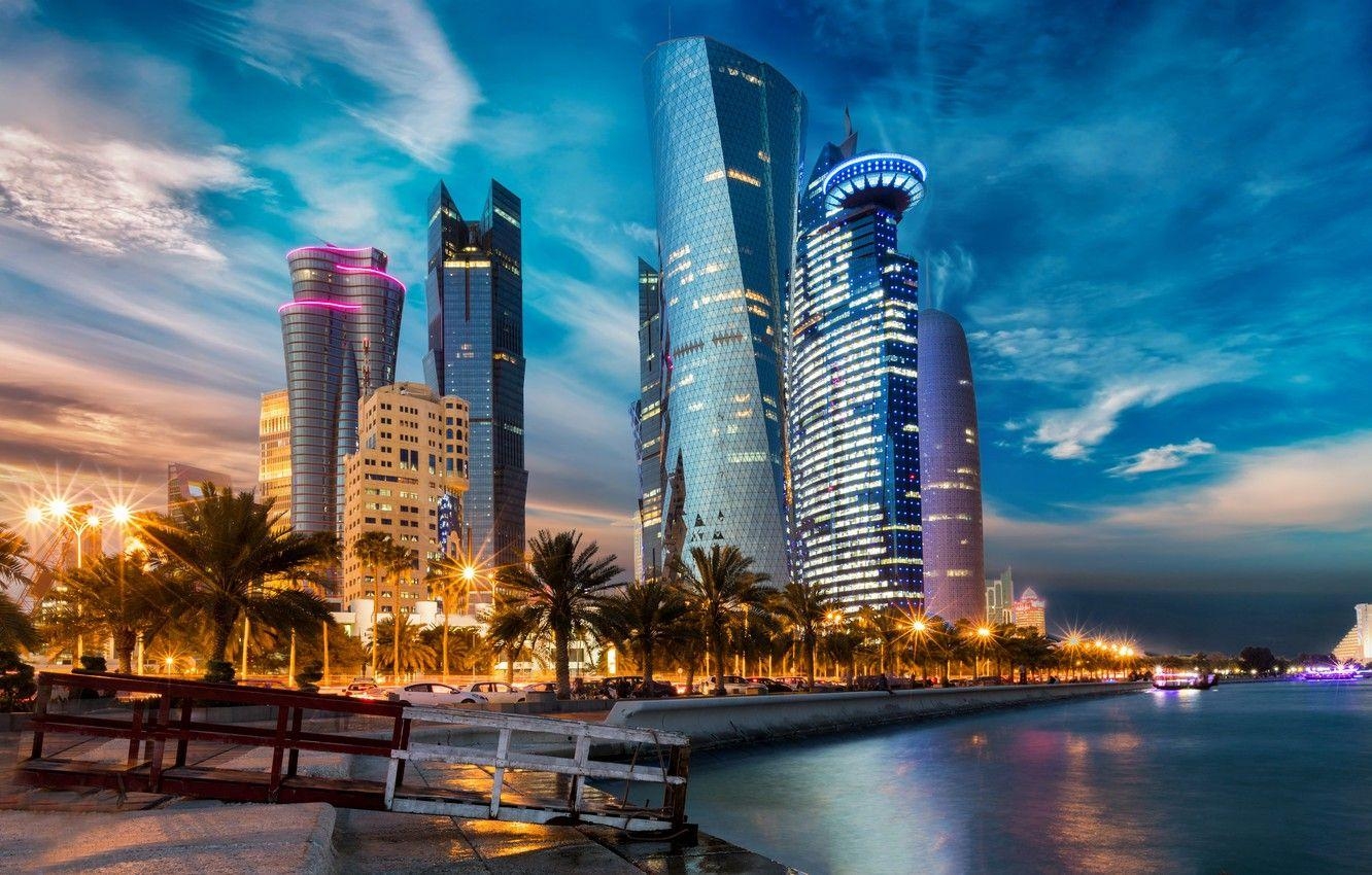 Doha, Katar, Wolkenkratzer, Wasser, Metropole, 1340x850 HD Desktop