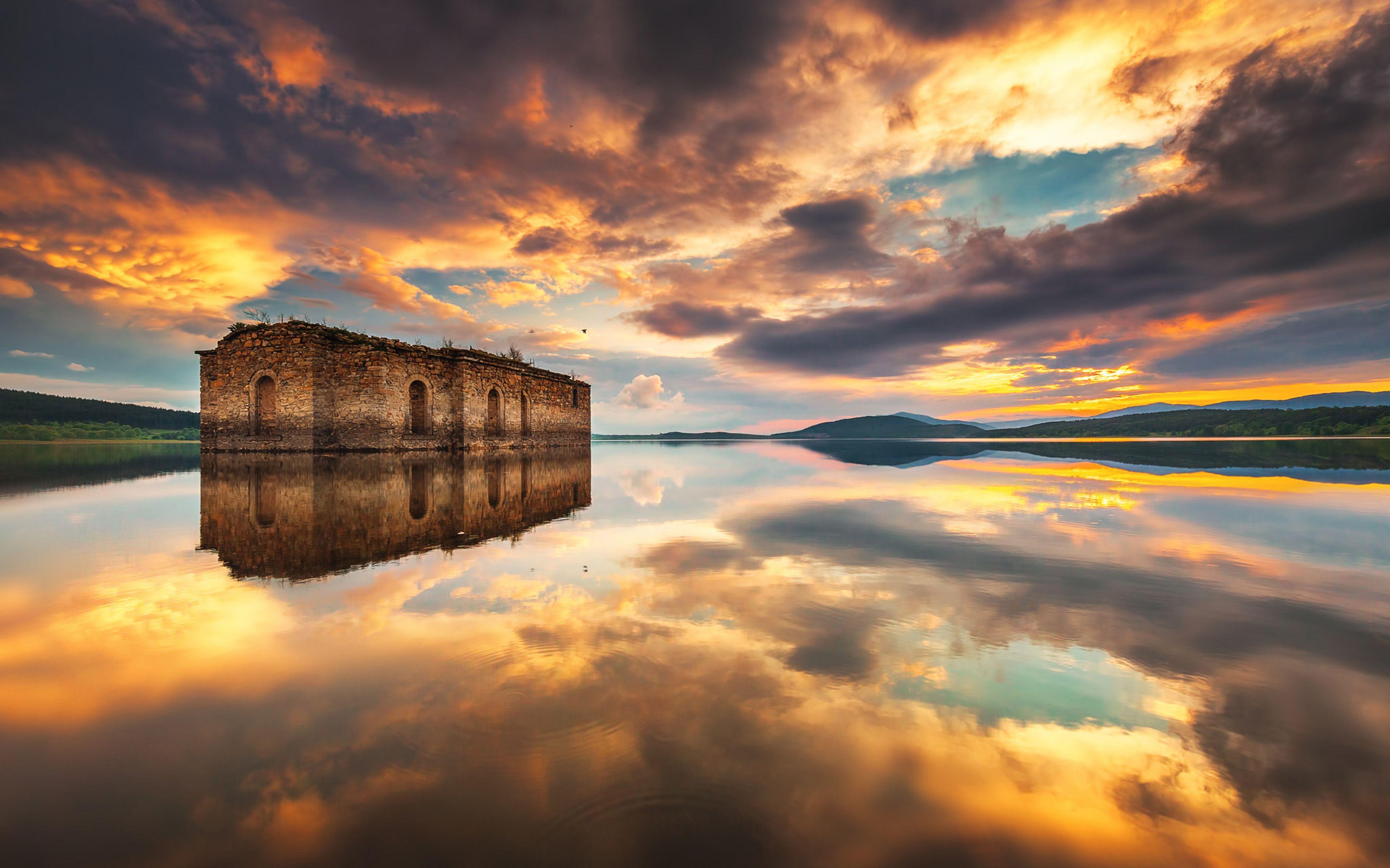 Jebrechevo Staudamm, Bulgarien, Sonnenuntergang, Kirche, Wolken, 3840x2400 4K Desktop