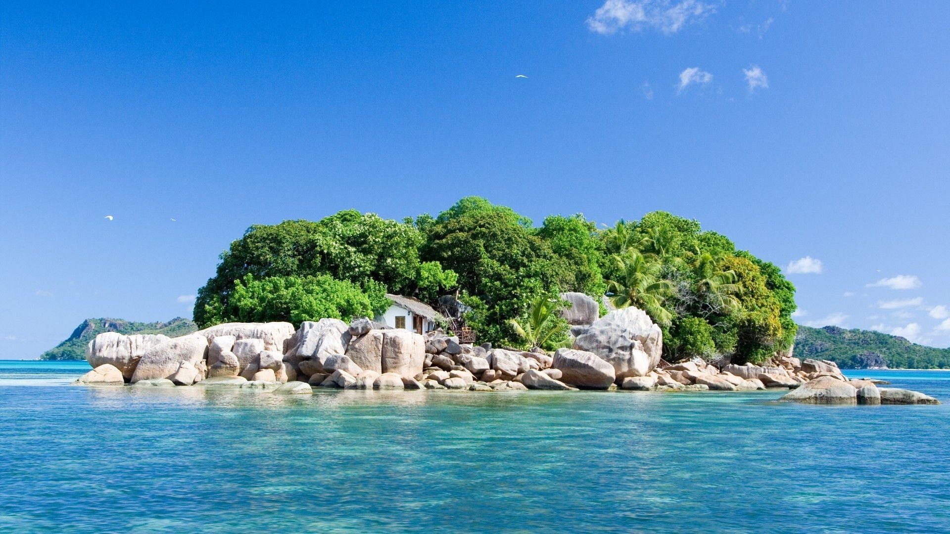 Seychellen Insel, Ozean, Bäume, Wolken, Haus, 1920x1080 Full HD Desktop