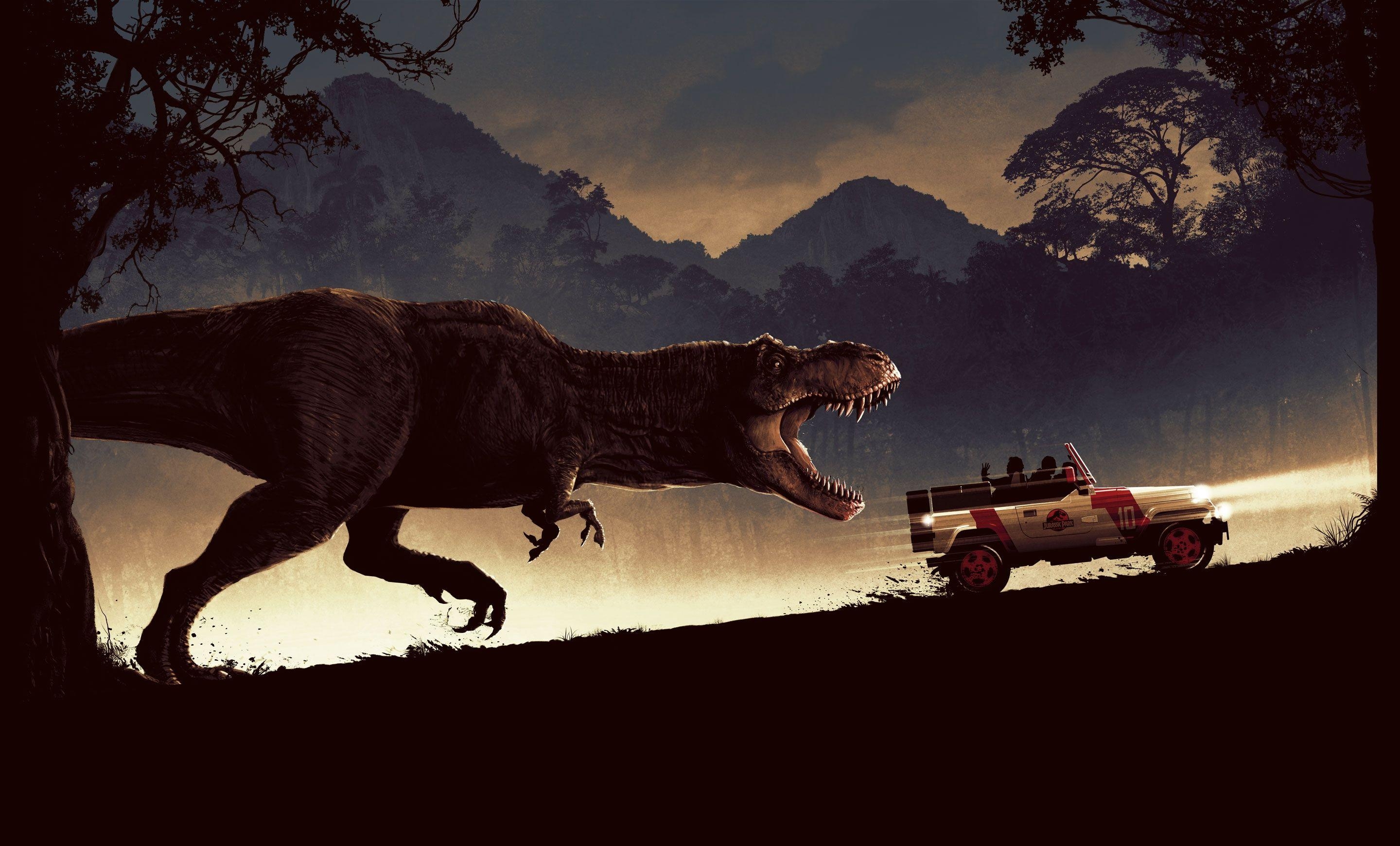 Tyrannosaurus Rex, Auto, Jurassic Park, Dinosaurier, Kino, 2880x1740 HD Desktop