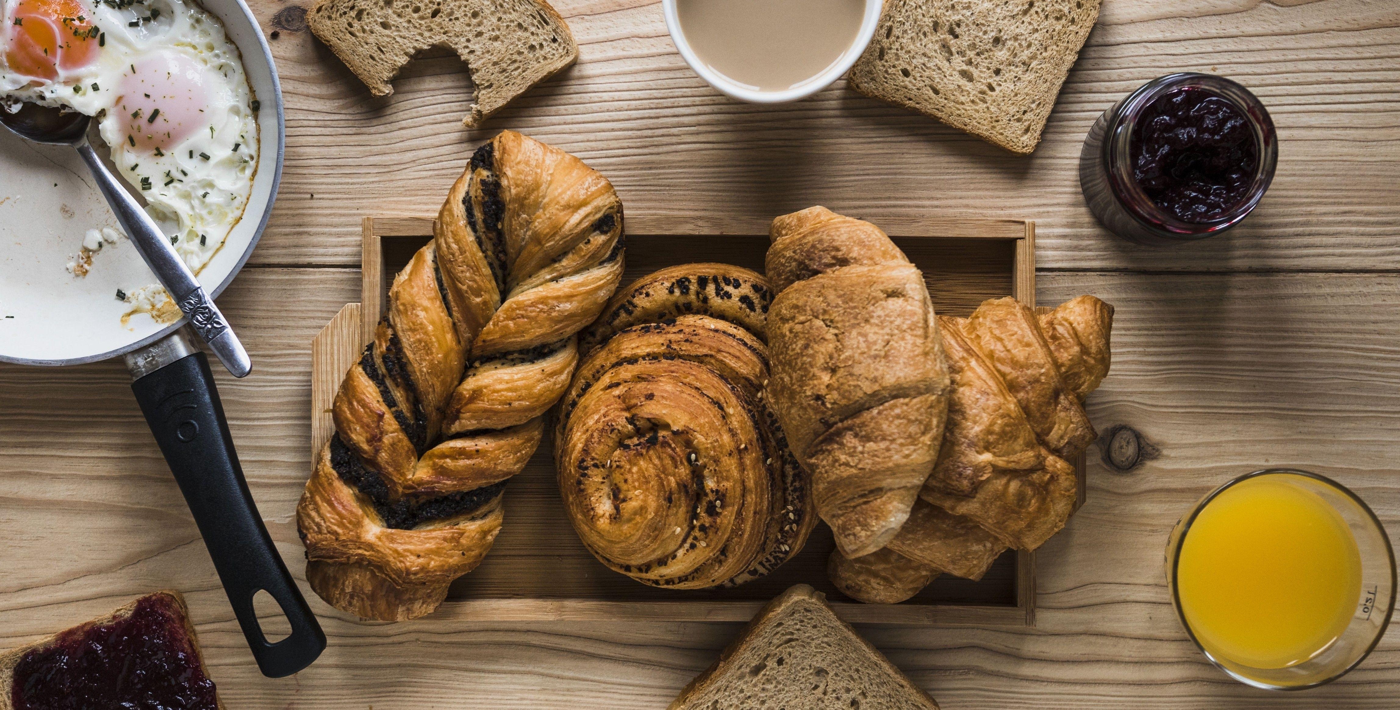 Brot, Viennoiserie, Frühstück, Ei, Kaffee, 4600x2330 4K Desktop