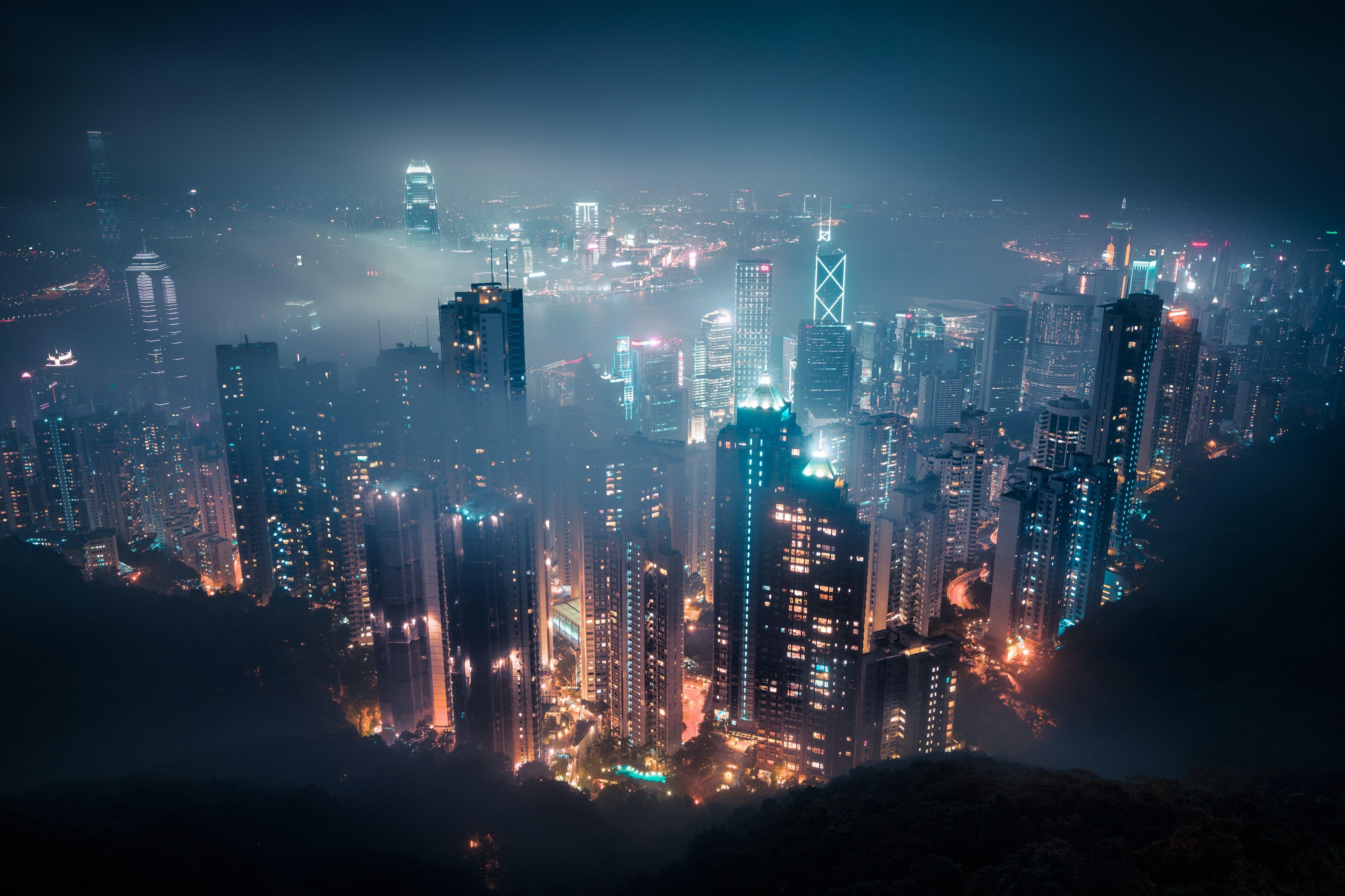 Hongkong, Stadtlandschaft, Nebel, Nacht, Stadt, 5120x3420 4K Desktop