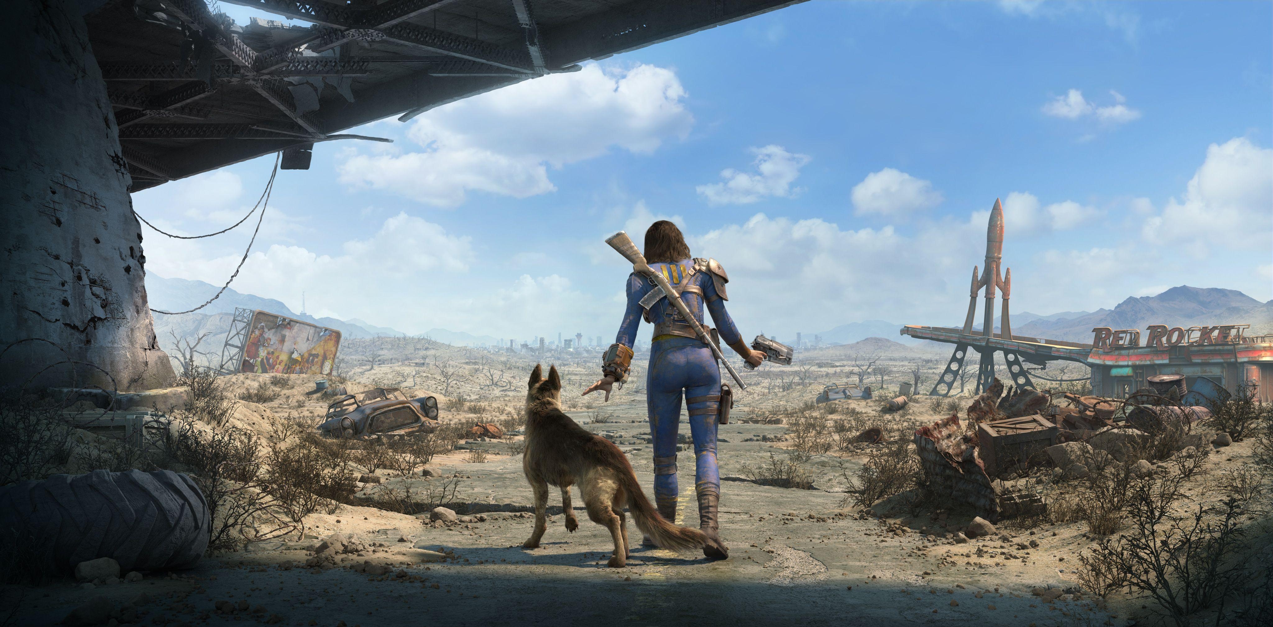 Fallout Gaming, Weibliche Überlebende, Hund, Spiele, Abenteuer, 4100x2020 Dual Screen Desktop