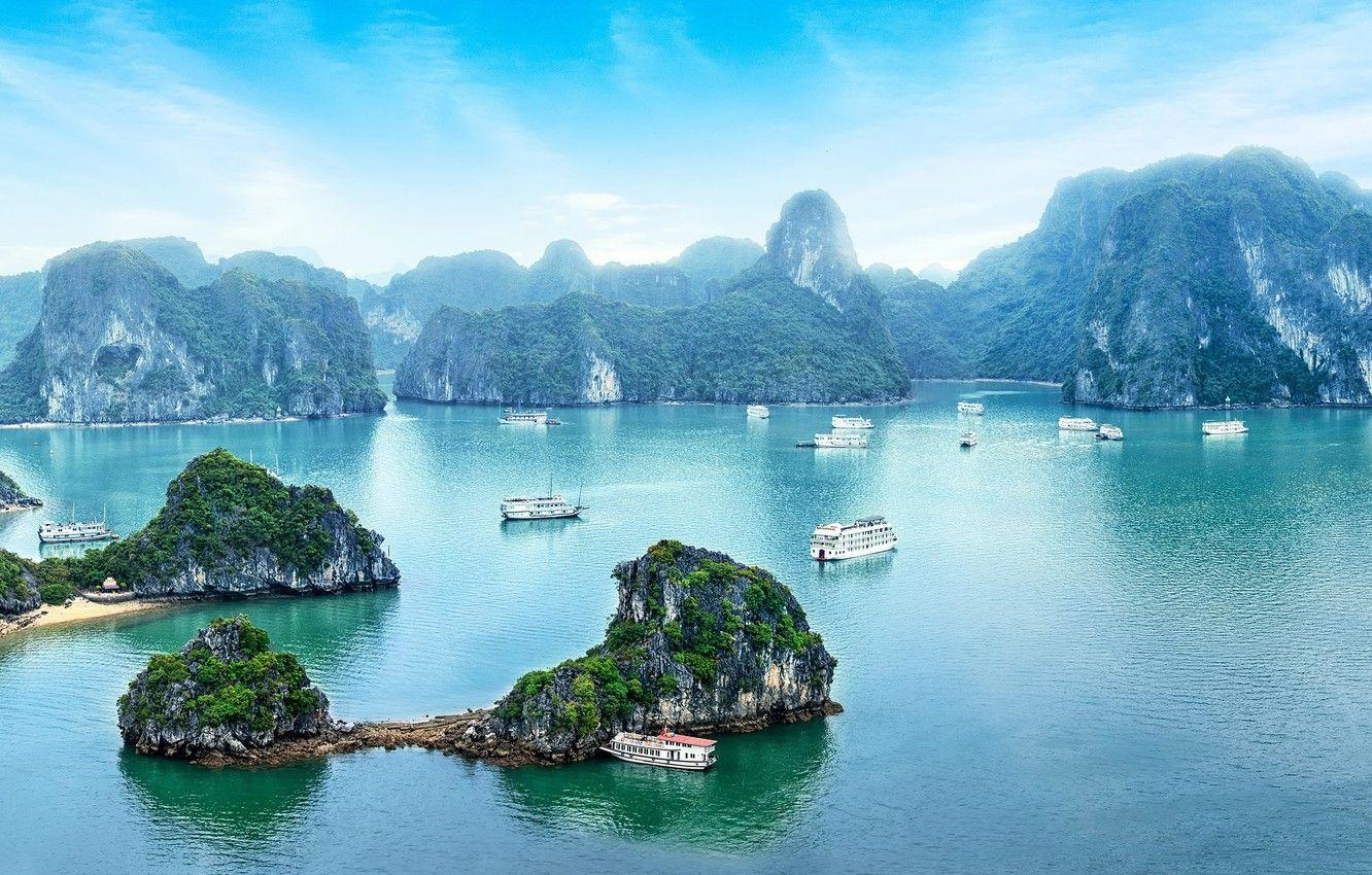 Halong Bucht, Vietnam, Meer, Boote, Berge, 1340x850 HD Desktop