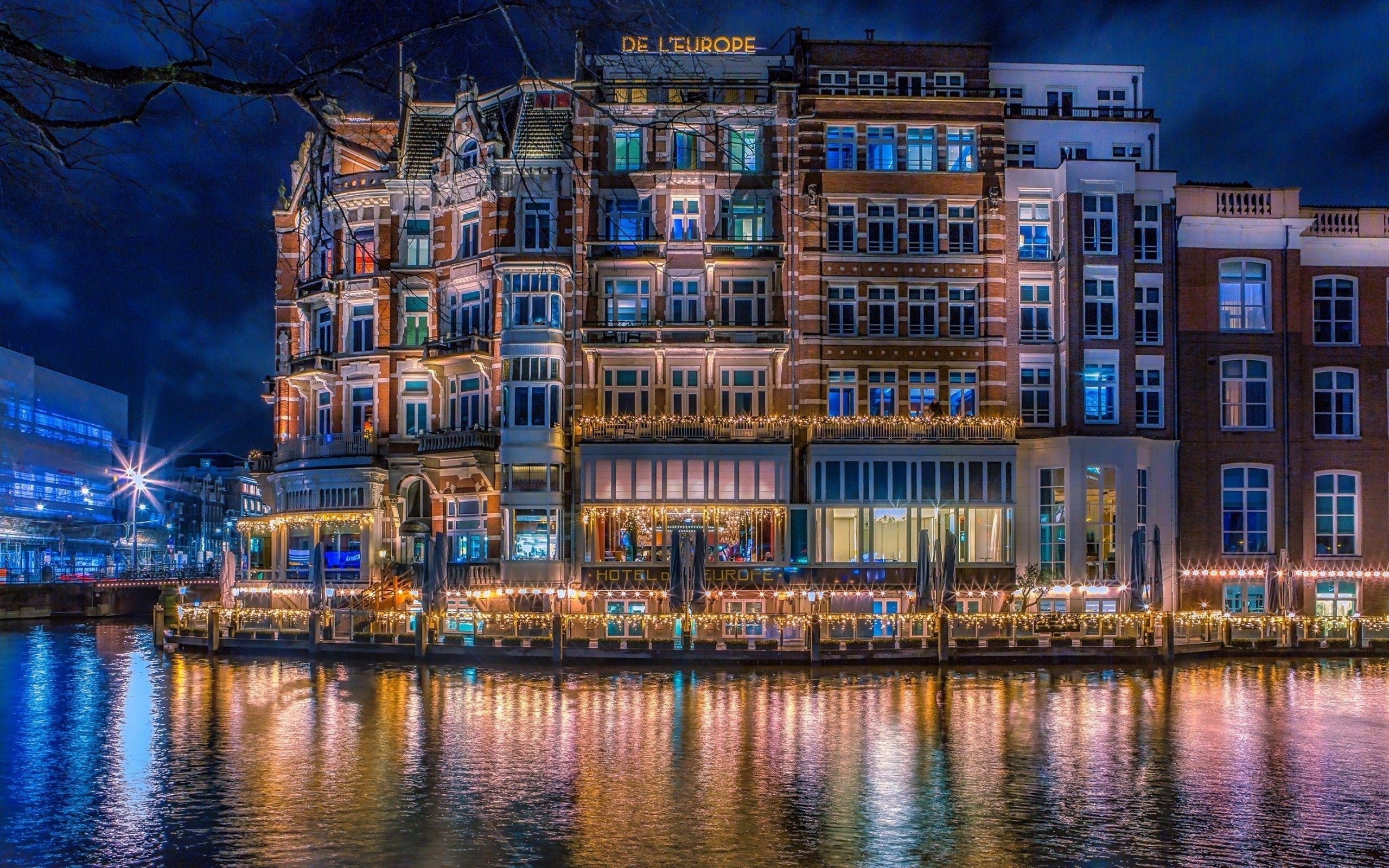 Amsterdam, Gebäude, Nacht, Fluss, Download, 2560x1600 HD Desktop