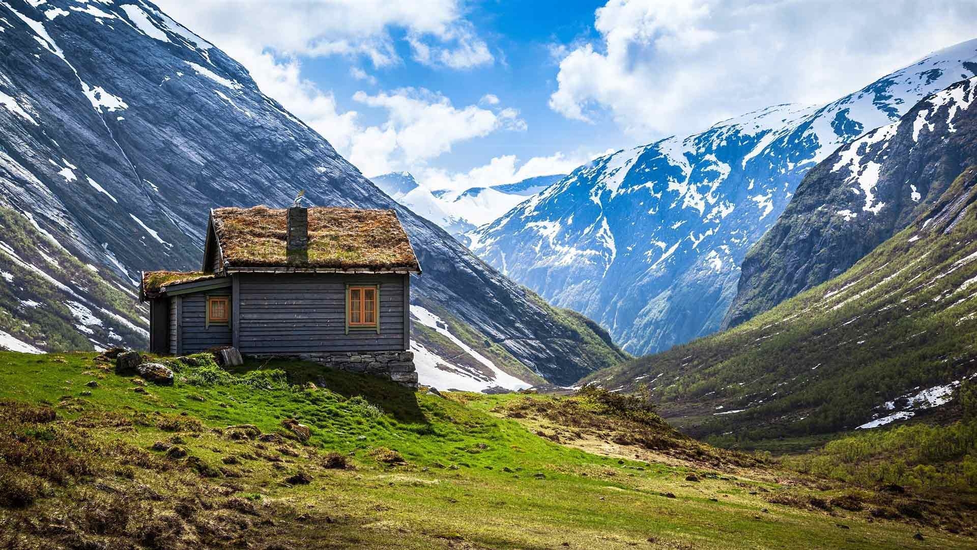 Norwegen, Landschaft, Berge, Hütte, Natur, 1920x1080 Full HD Desktop