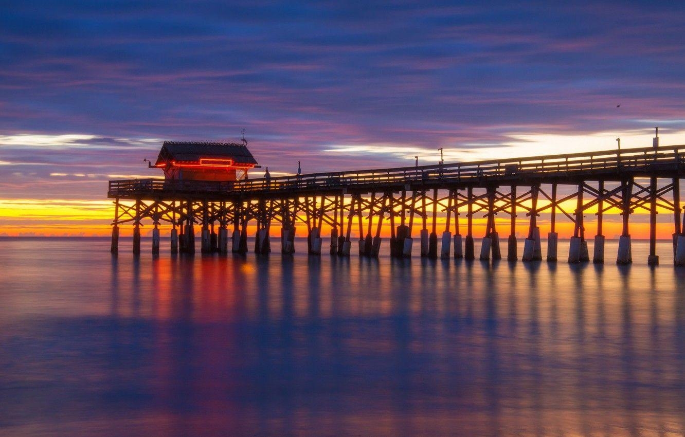 Sonnenaufgang, Pier, Langzeitbelichtung, Cocoa Beach, Farben, 1340x850 HD Desktop