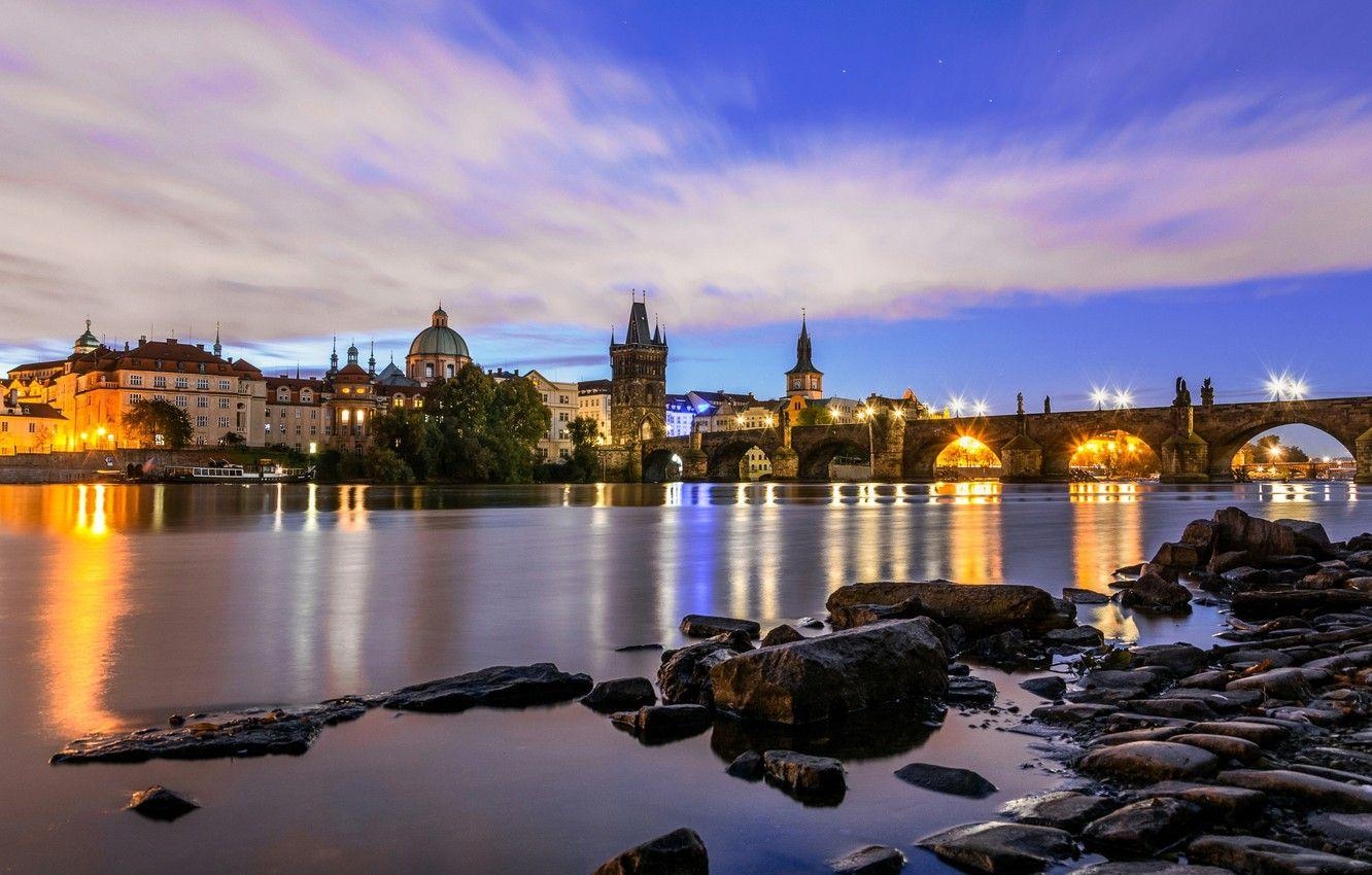 Beleuchtung, Fluss, Prag, Tschechien, Vltava, 1340x850 HD Desktop