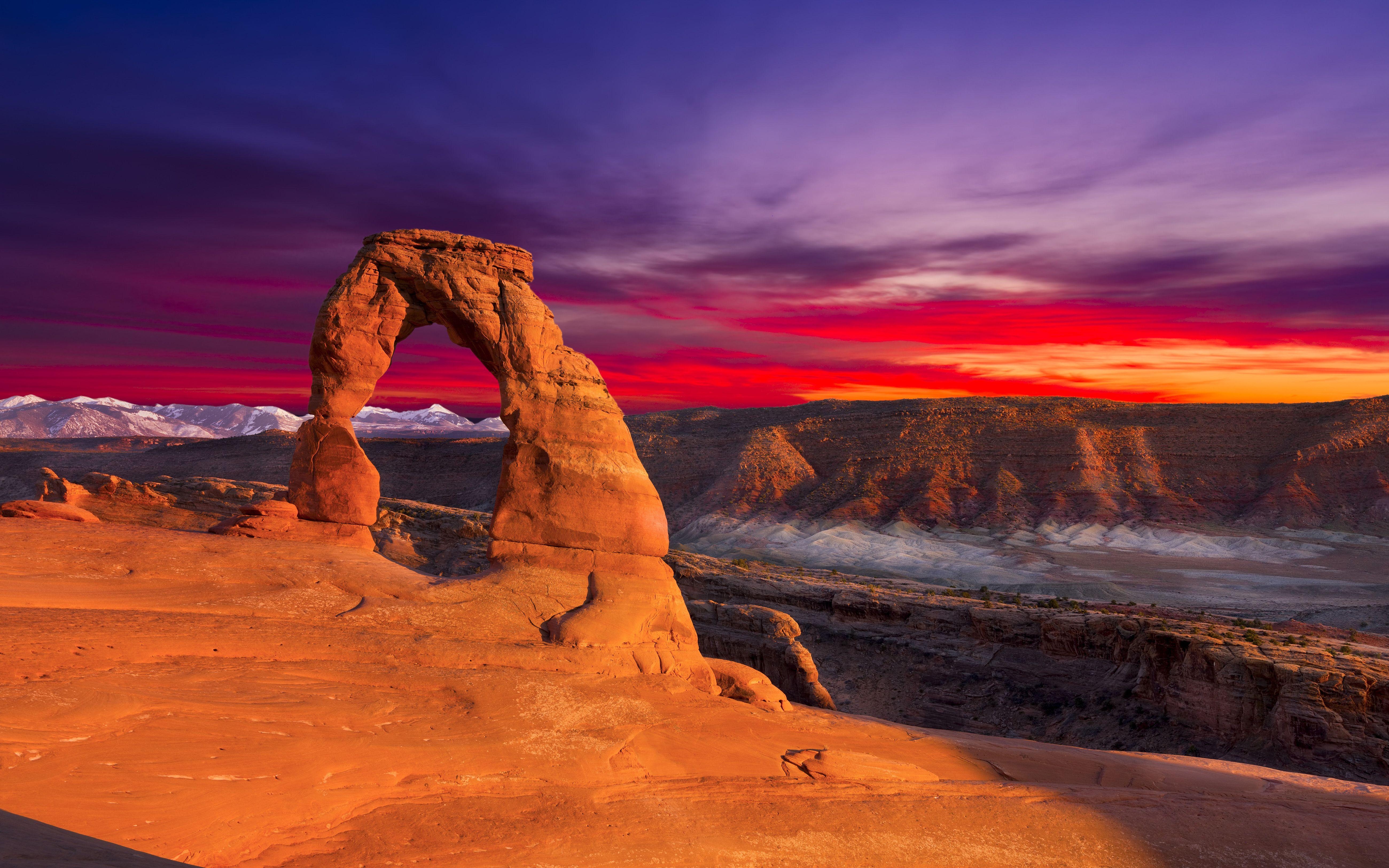 Sonnenuntergang, Delicate Arch, Arches Nationalpark, Utah, Wolken, 5200x3250 4K Desktop