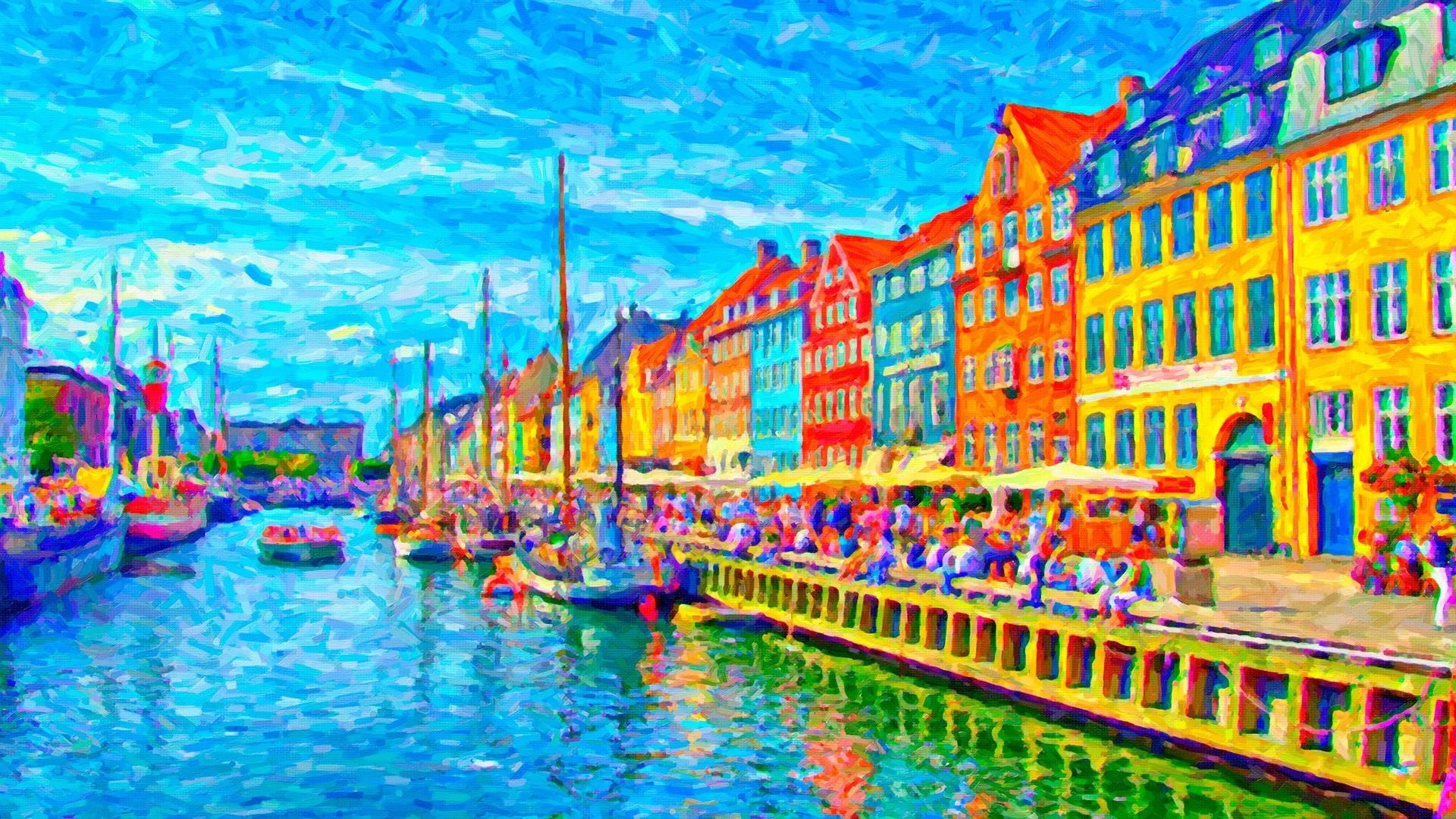 Nyhavn, Kopenhagen, Kanal, Malerei, 1920x1080 Full HD Desktop