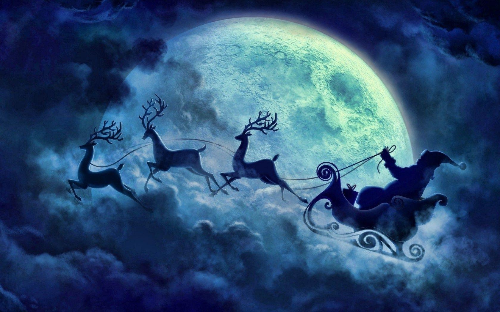 Nacht, Fliegende Rentiere, Mond, Wolken, Weihnachten, 1680x1050 HD Desktop