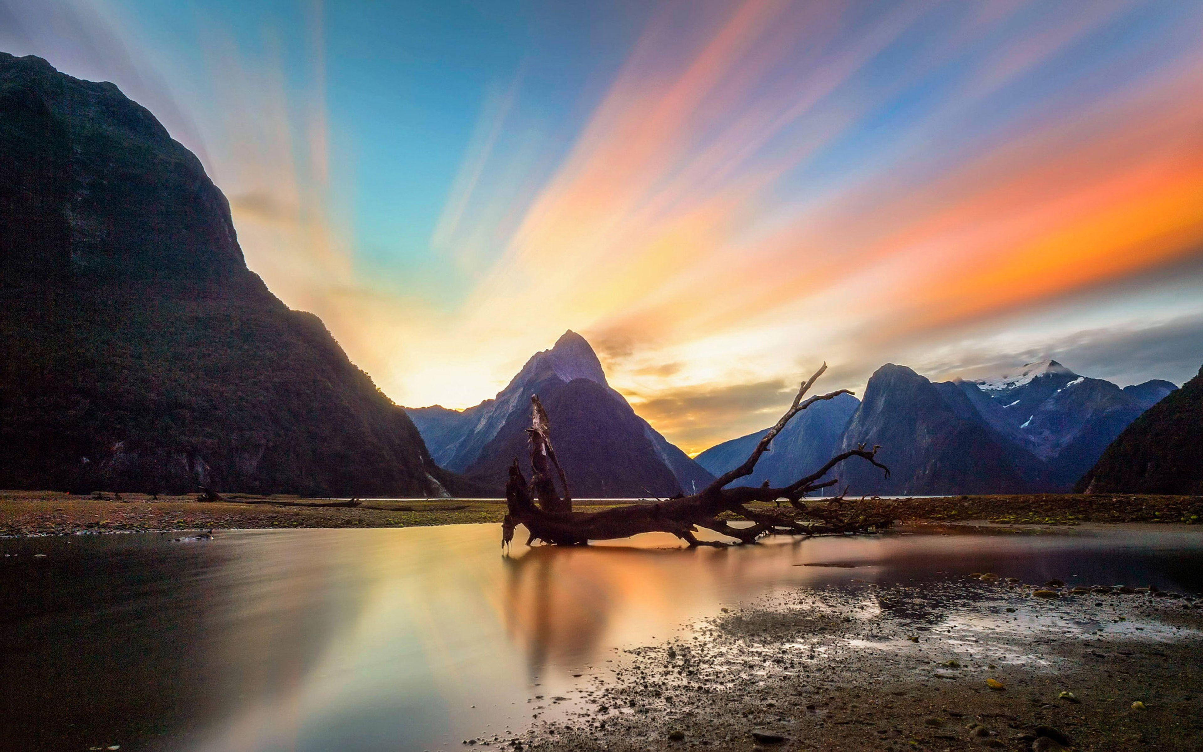 Milford Sound, Neuseeland, Rote Wolken, Sonnenuntergang, 4K, 3840x2400 4K Desktop