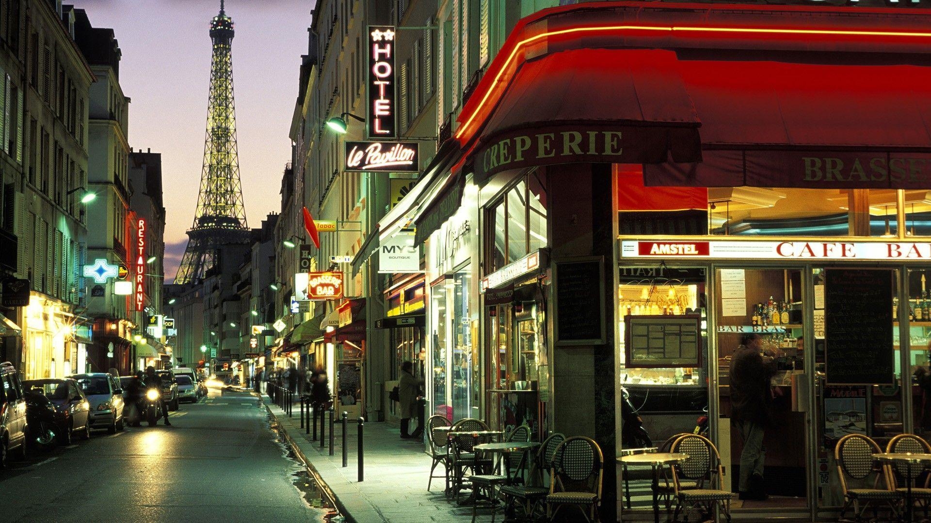 Abend Paris, Café, Lichter, Eiffelturm, Straße, 1920x1080 Full HD Desktop