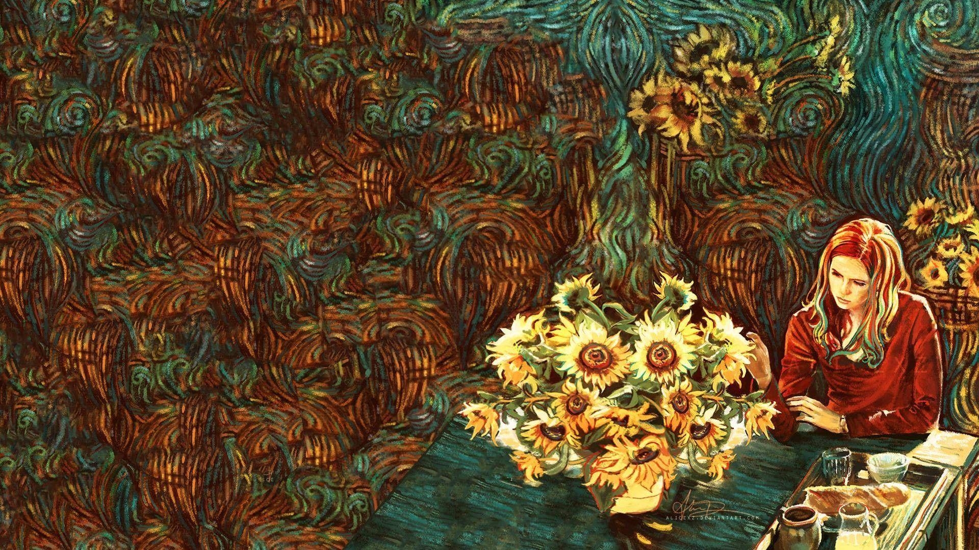 Vincent van Gogh, Sonnenblumen, Karen Gillan, Doctor Who, Amy Pond, 1920x1080 Full HD Desktop