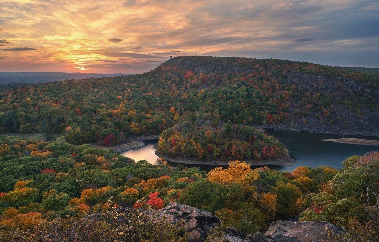 Herbst, Wald, See, Connecticut, Sonnenuntergang, 1340x850 HD Desktop