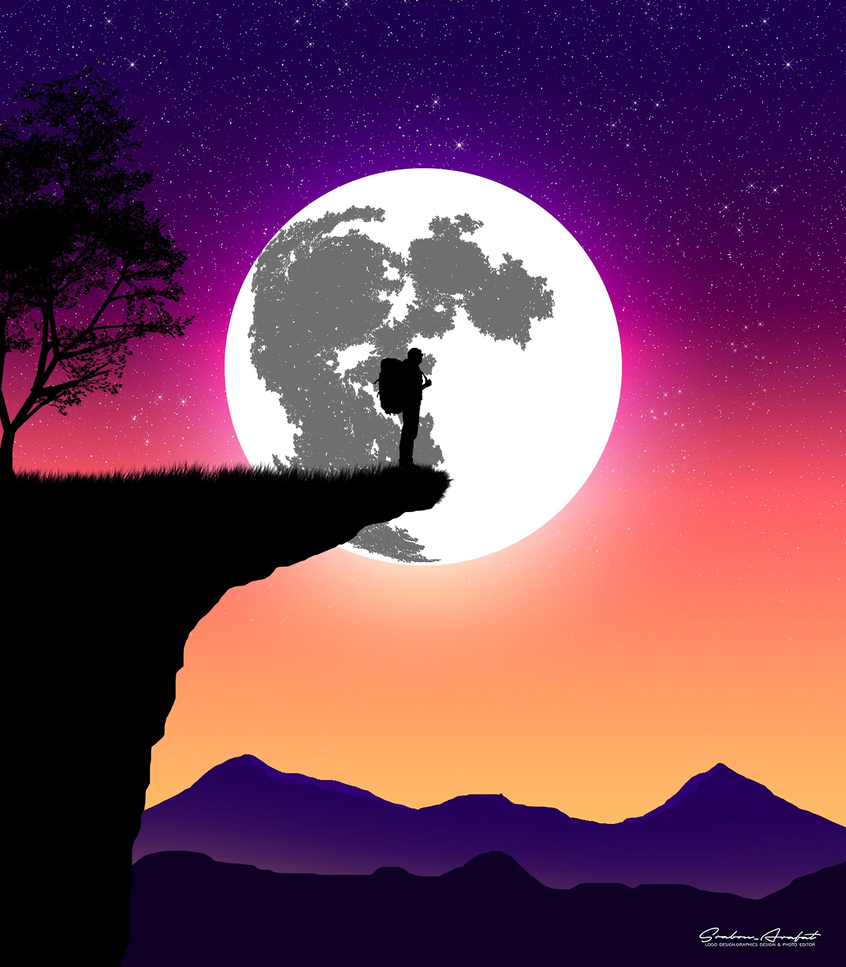 Mond, Kunst, Silhouette, Nacht, Vektor, 2800x3200 4K Handy