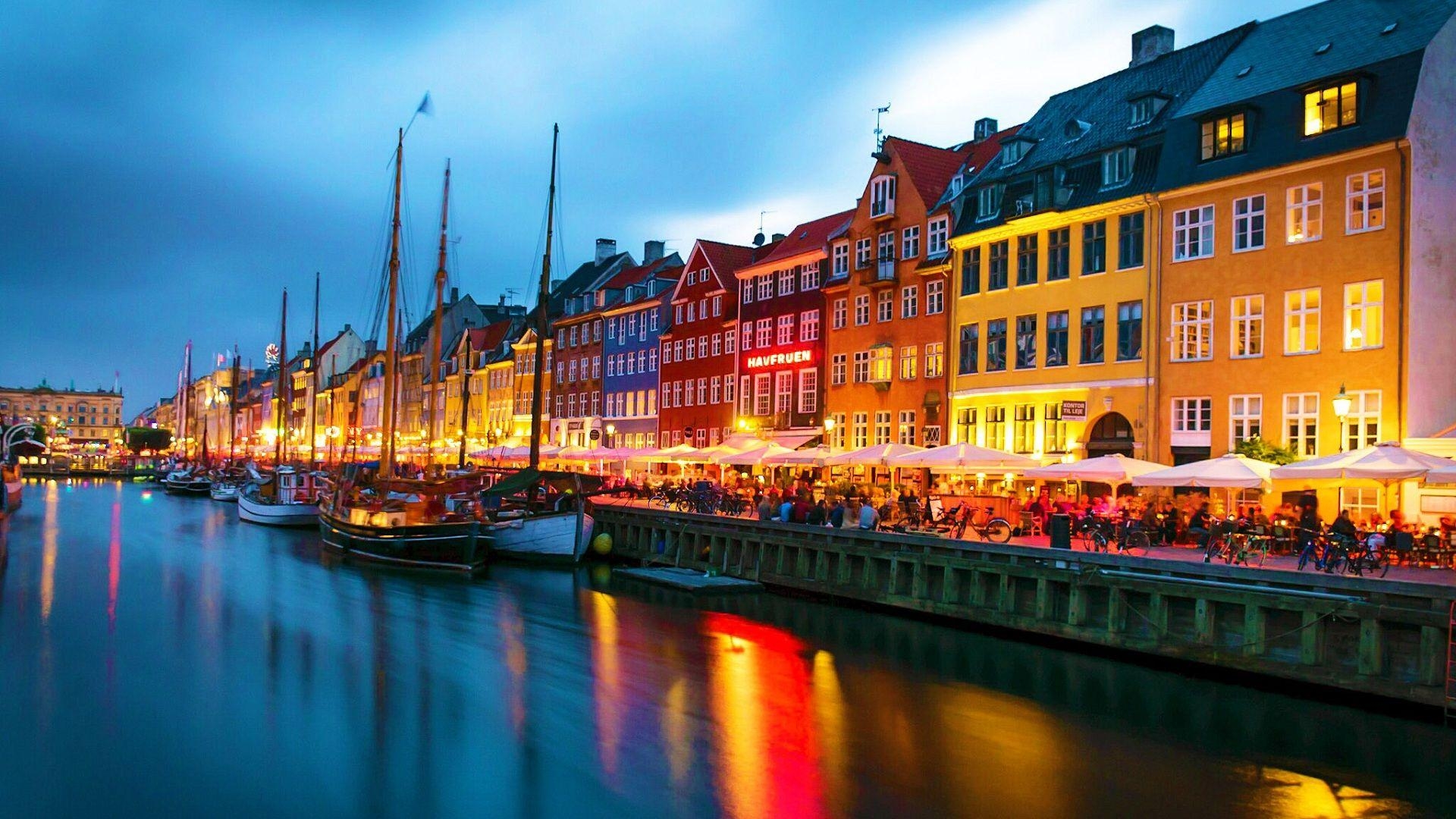 Nyhavn, Kopenhagen, Nachtaufnahme, Dänemark, Szene, 1920x1080 Full HD Desktop