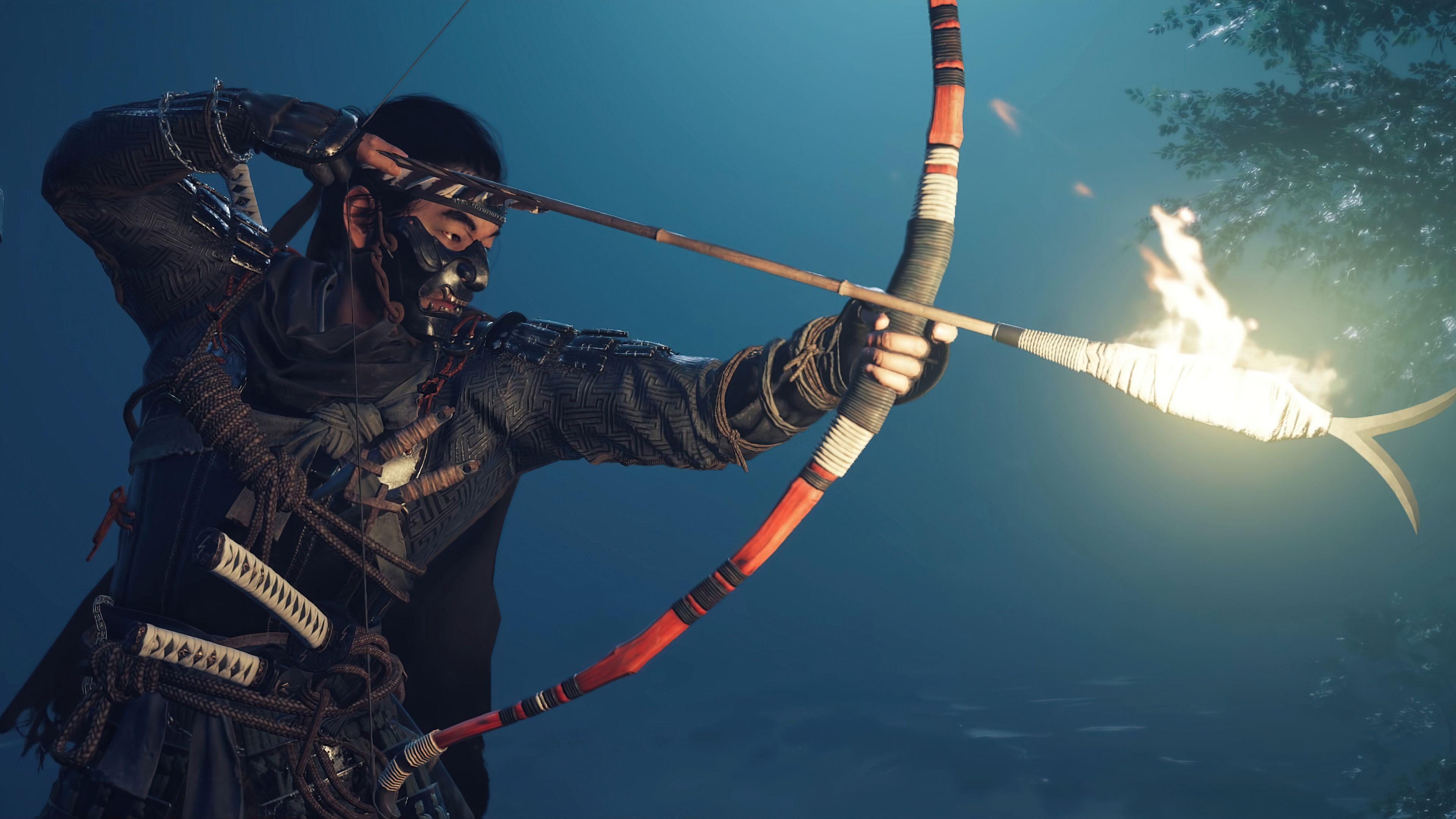 Samurai Bogenschütze, Ghost of Tsushima, HD Spiele, Archery Sport, 3840x2160 4K Desktop