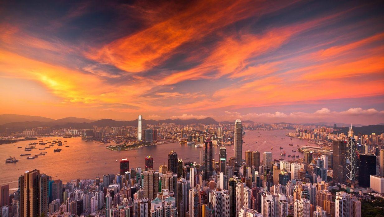 Hong Kong, Gebäude, Wolkenkratzer, Sonnenuntergang, Wolken, 1240x700 HD Desktop