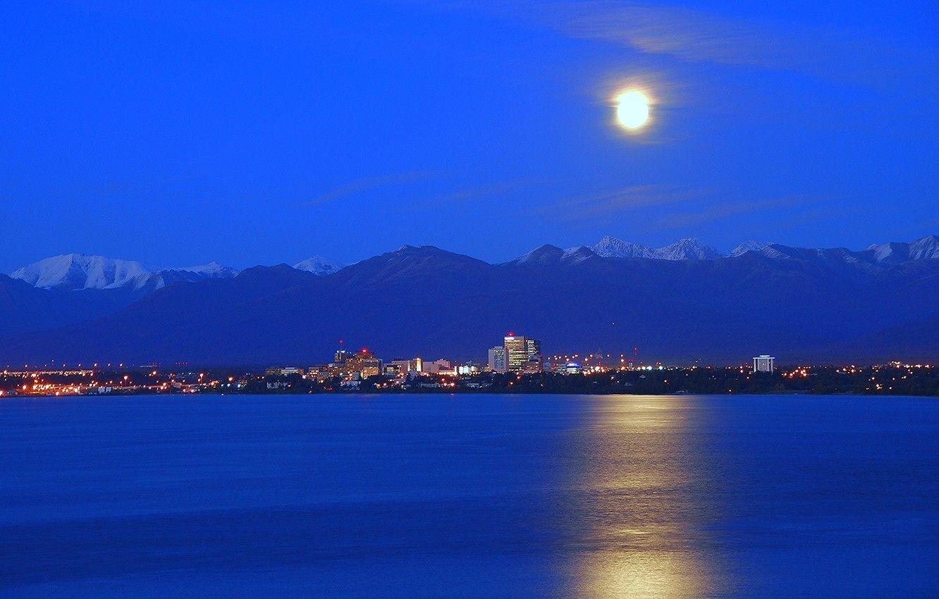 Berge, Alaska, Reflexion, Mond, Horizont, 1340x850 HD Desktop