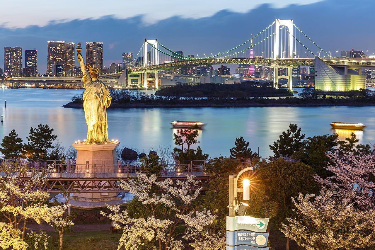 Freiheitsstatue, Tokio, Monumente, Brücken, Abend, 1280x860 HD Desktop