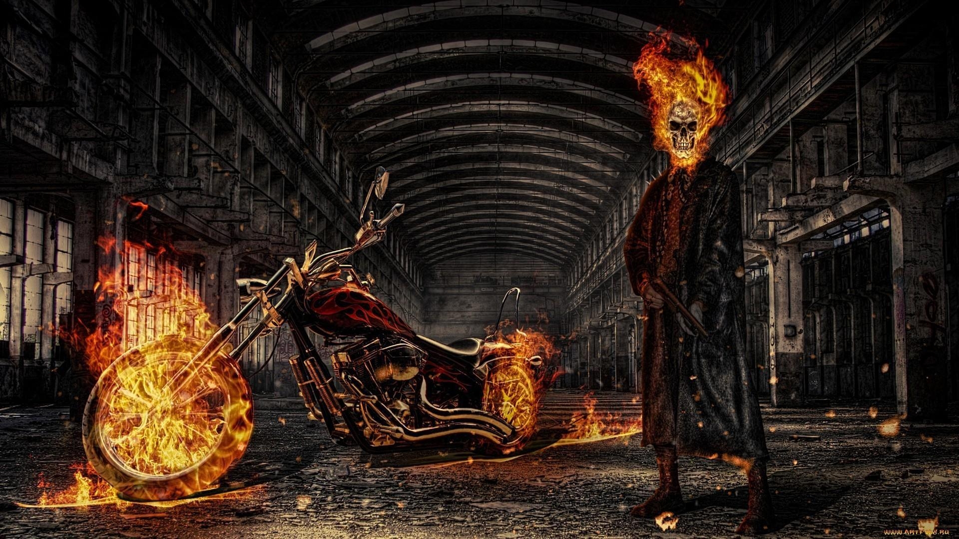 Ghost Rider, Bikergott, Skelett, Verfolgung, Flammen, 1920x1080 Full HD Desktop