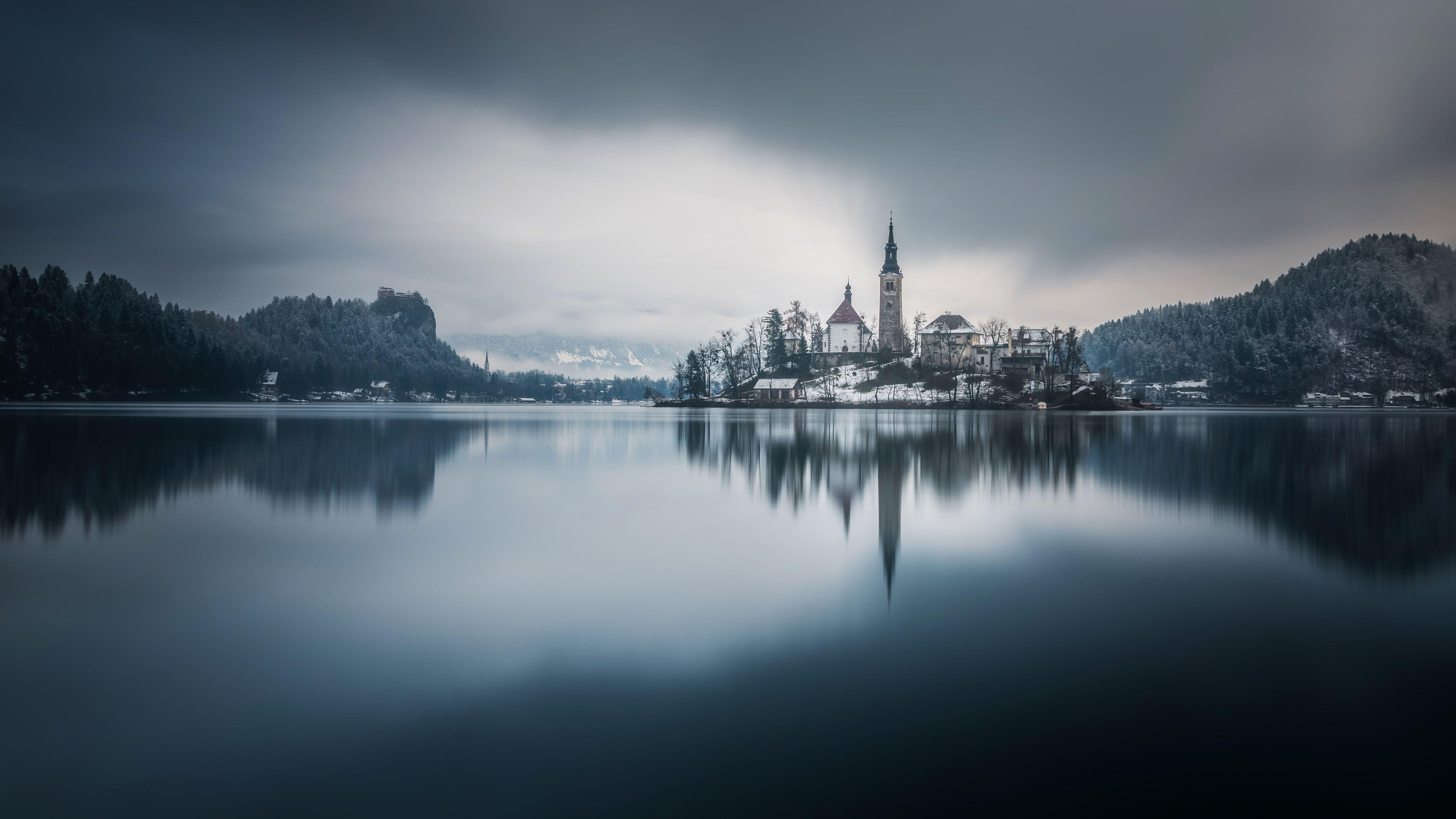 Kirche, Bled, Schnee, Winter, Slowenien, 5120x2880 4K Desktop