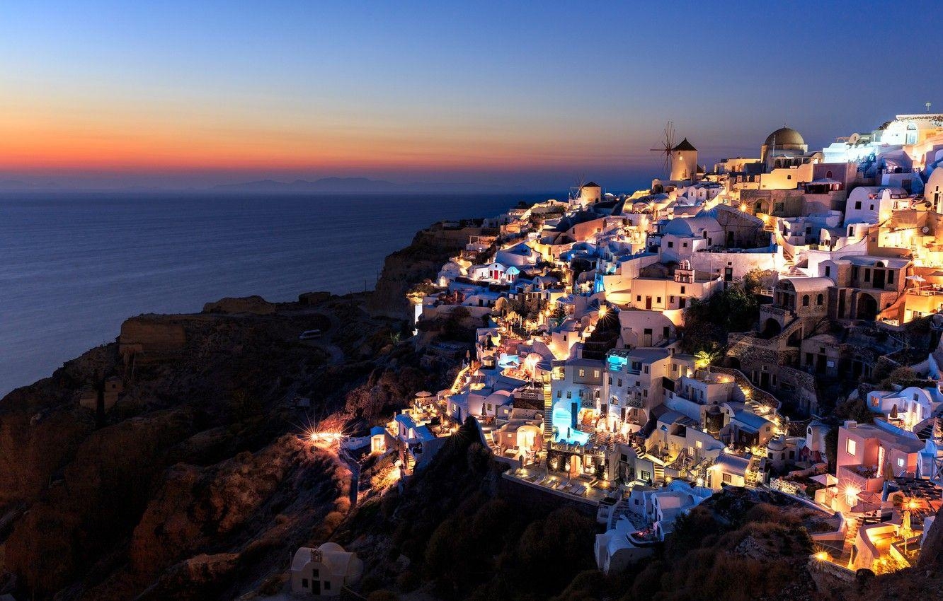 Meer, Nacht, Zuhause, Santorini, Griechenland, 1340x850 HD Desktop