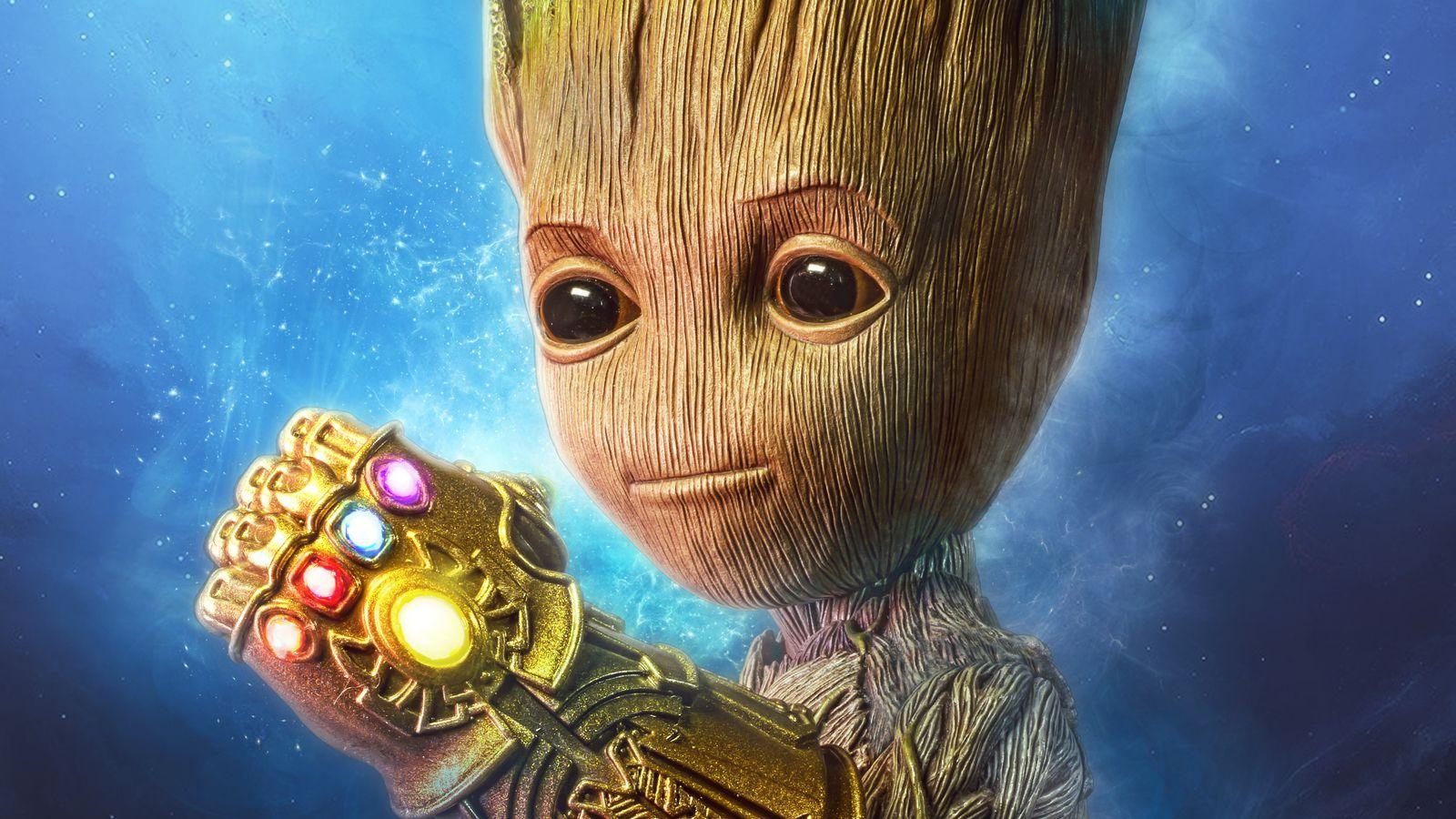 Baby Groot, Infinity Gauntlet, 4K, Superheld, Film, 1600x900 HD Desktop