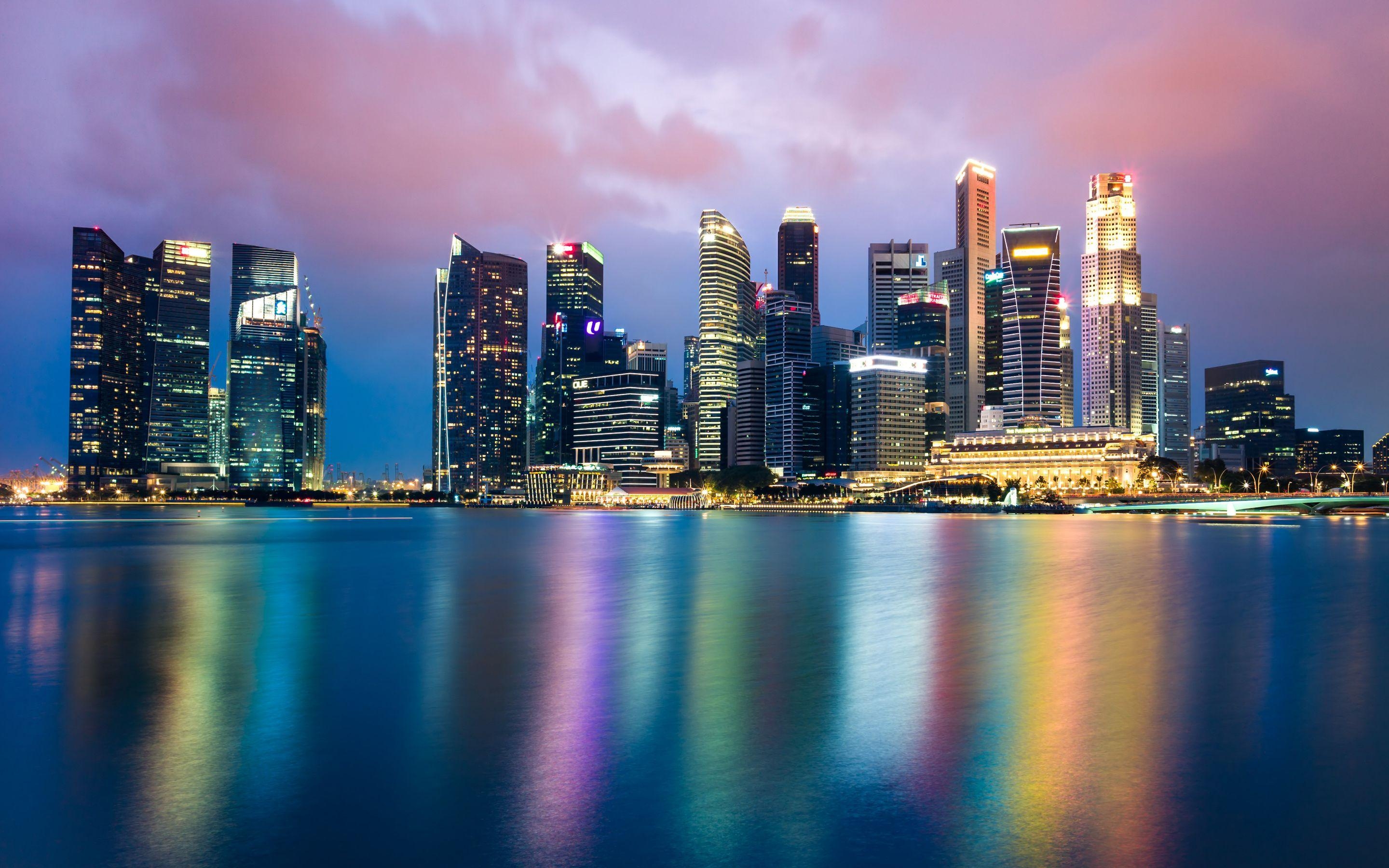 Singapur, Nachtskyline, 5K, Stadt, Lichter, 2880x1800 HD Desktop