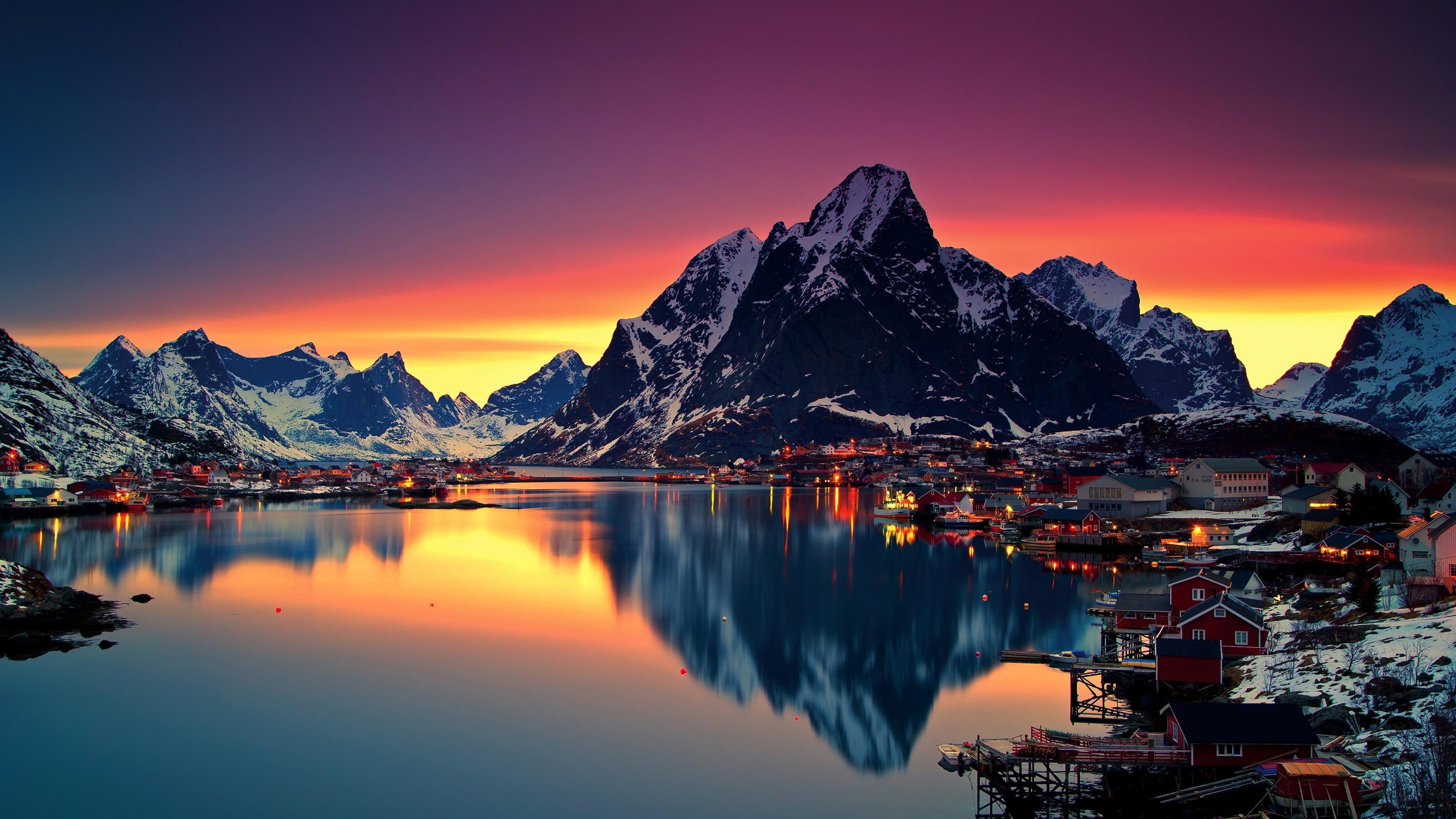 Mitternachtssonne, Lofoten, Norwegen, Reflexion, Landschaft, 3840x2160 4K Desktop