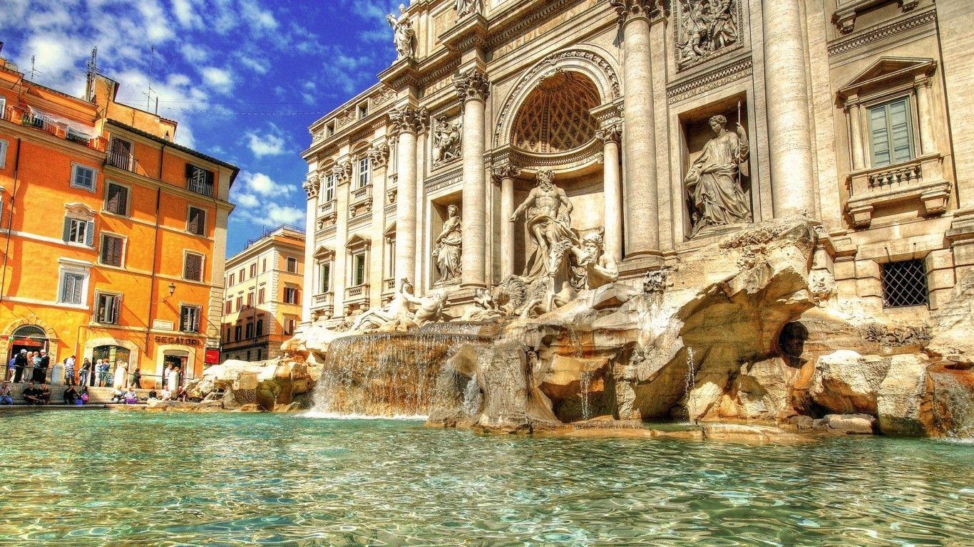 Trevi-Brunnen, Reisen, Rom, Brunnen, Hintergrund, 1370x770 HD Desktop