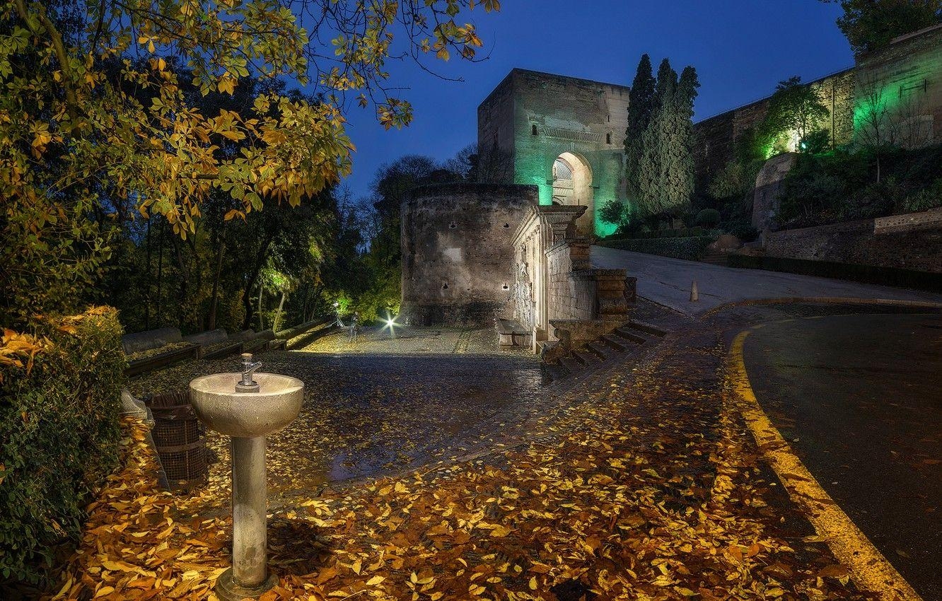 Herbst, Straße, Bäume, Nacht, Alhambra, 1340x850 HD Desktop