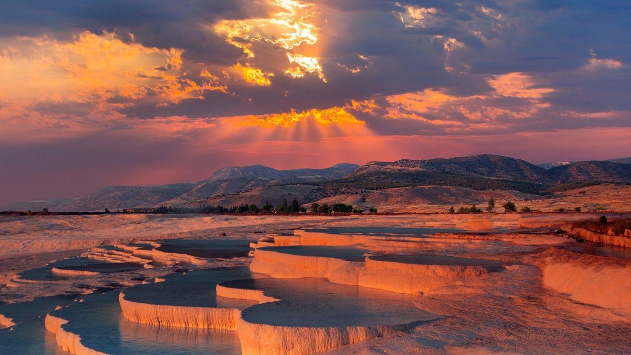 Pamukkale Tourismus Landschaft Schönheit Sonnenuntergang, 1250x700 HD Desktop