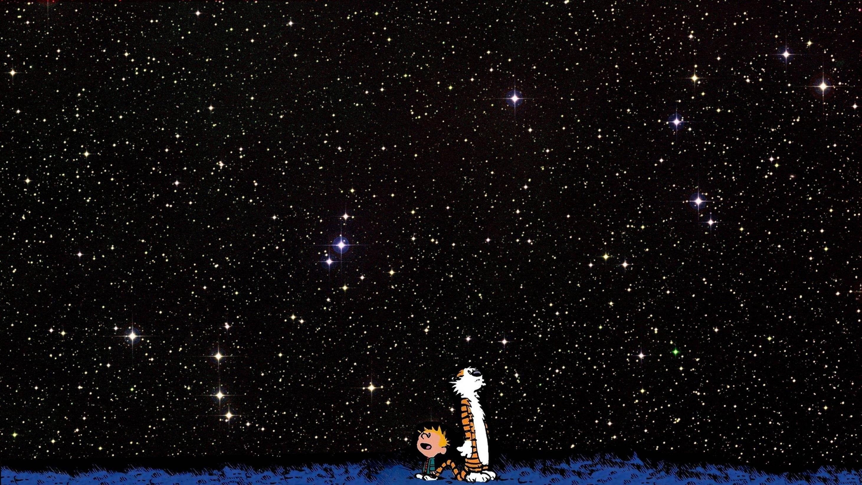 Calvin und Hobbes, verstärktes Sternenfeld, Weltraum, Comic, Animation, 2930x1650 HD Desktop