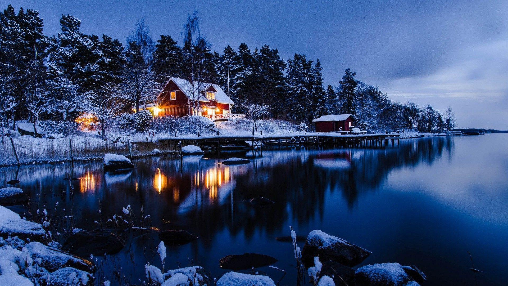 Nacht, Hütte, Schnee, Winter, Schweden, 1920x1080 Full HD Desktop