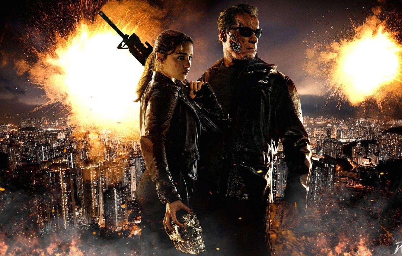 Terminator, Stadt, Waffen, Arnold Schwarzenegger, Emilia Clarke, 1340x850 HD Desktop