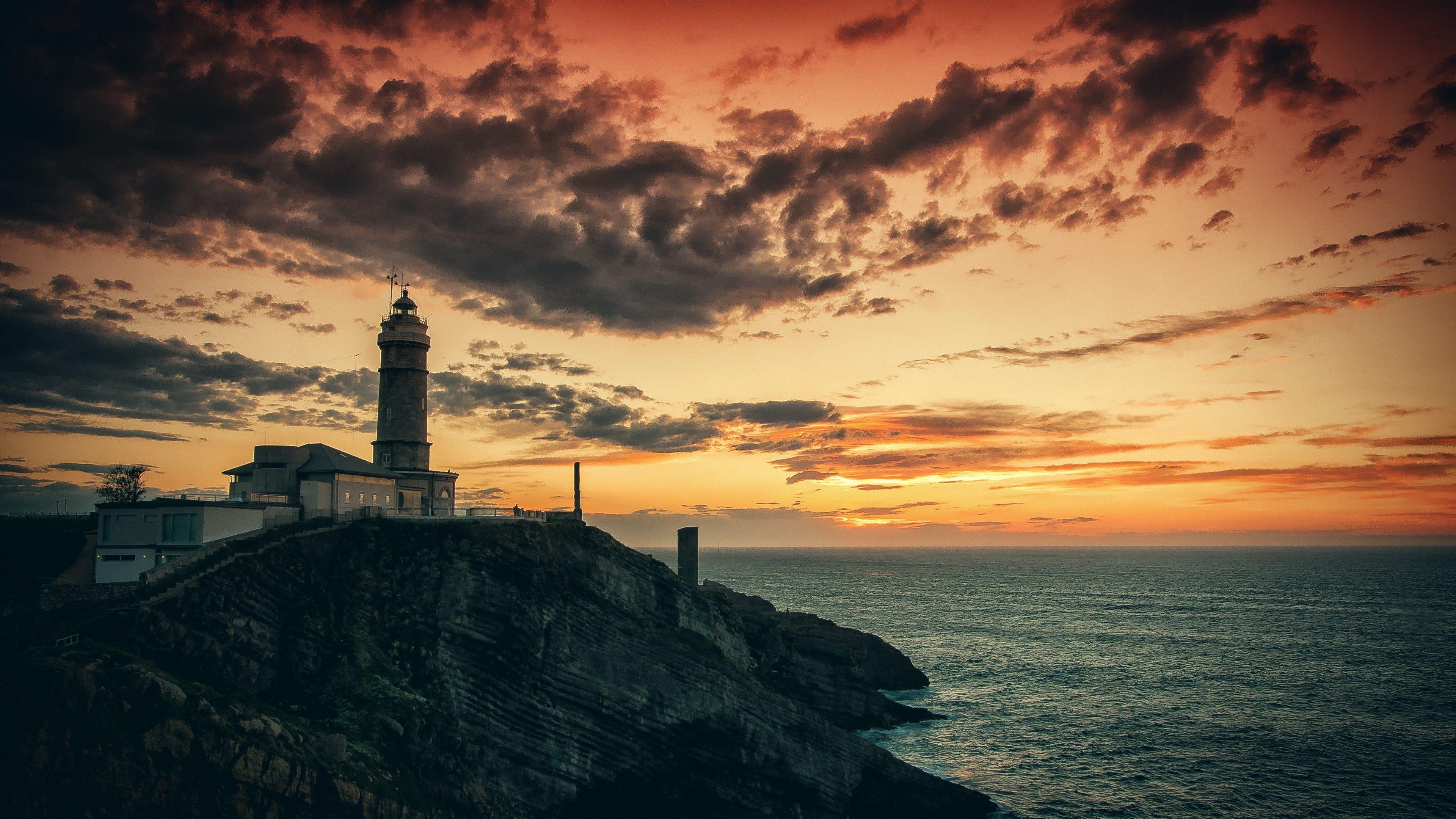 Leuchtturm, Felsen, Meer, 4K, Sonnenuntergang, 3840x2160 4K Desktop