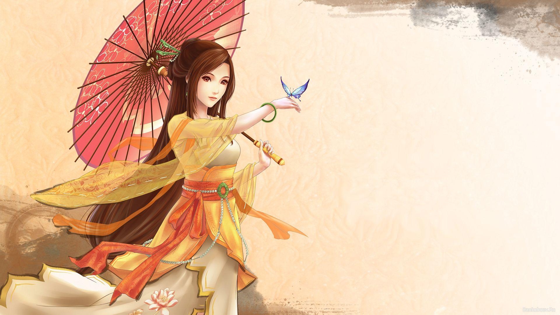 Kimono, Mädchen, Schmetterling, Schirm, Hintergrund, 1920x1080 Full HD Desktop