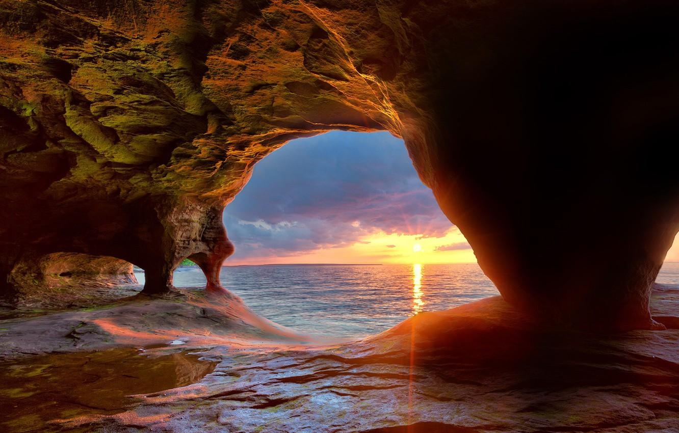 Lake Superior, USA, Landschaft, Sonnenuntergang, Höhle, 1340x850 HD Desktop