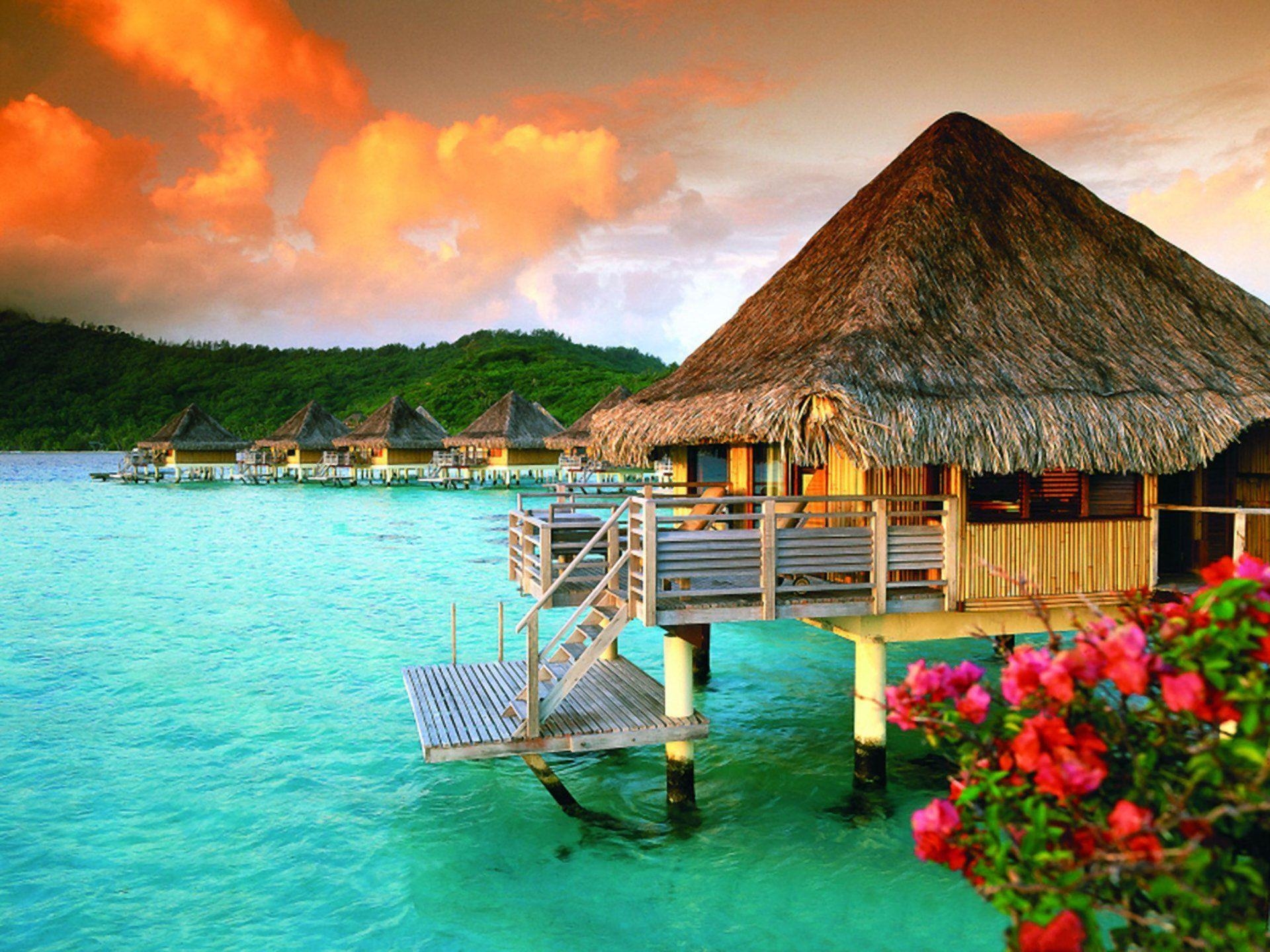 Bungalows, Bora Bora, Strand, HD, Südsee, 1920x1440 HD Desktop