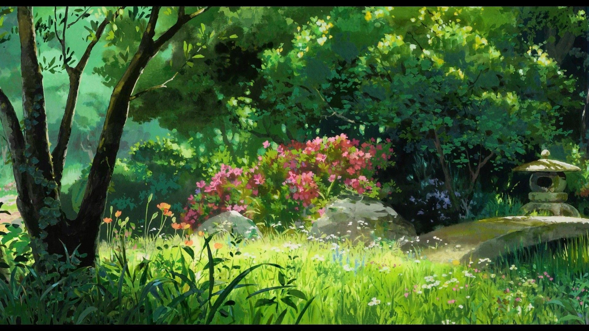 Garten, Karigurashi no Arrietty, Bäume, Wildblumen, Kunst, 1920x1080 Full HD Desktop