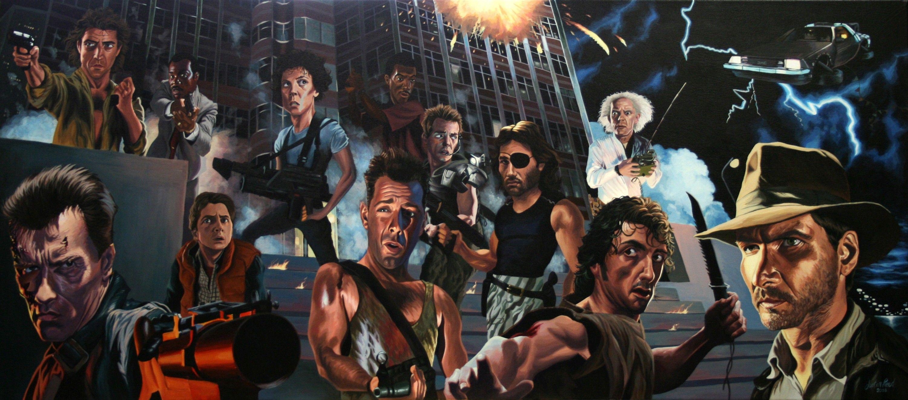 Filme, Indiana Jones, Rambo, Beverly Hills Cop, Artwork, 3000x1330 Dual Screen Desktop