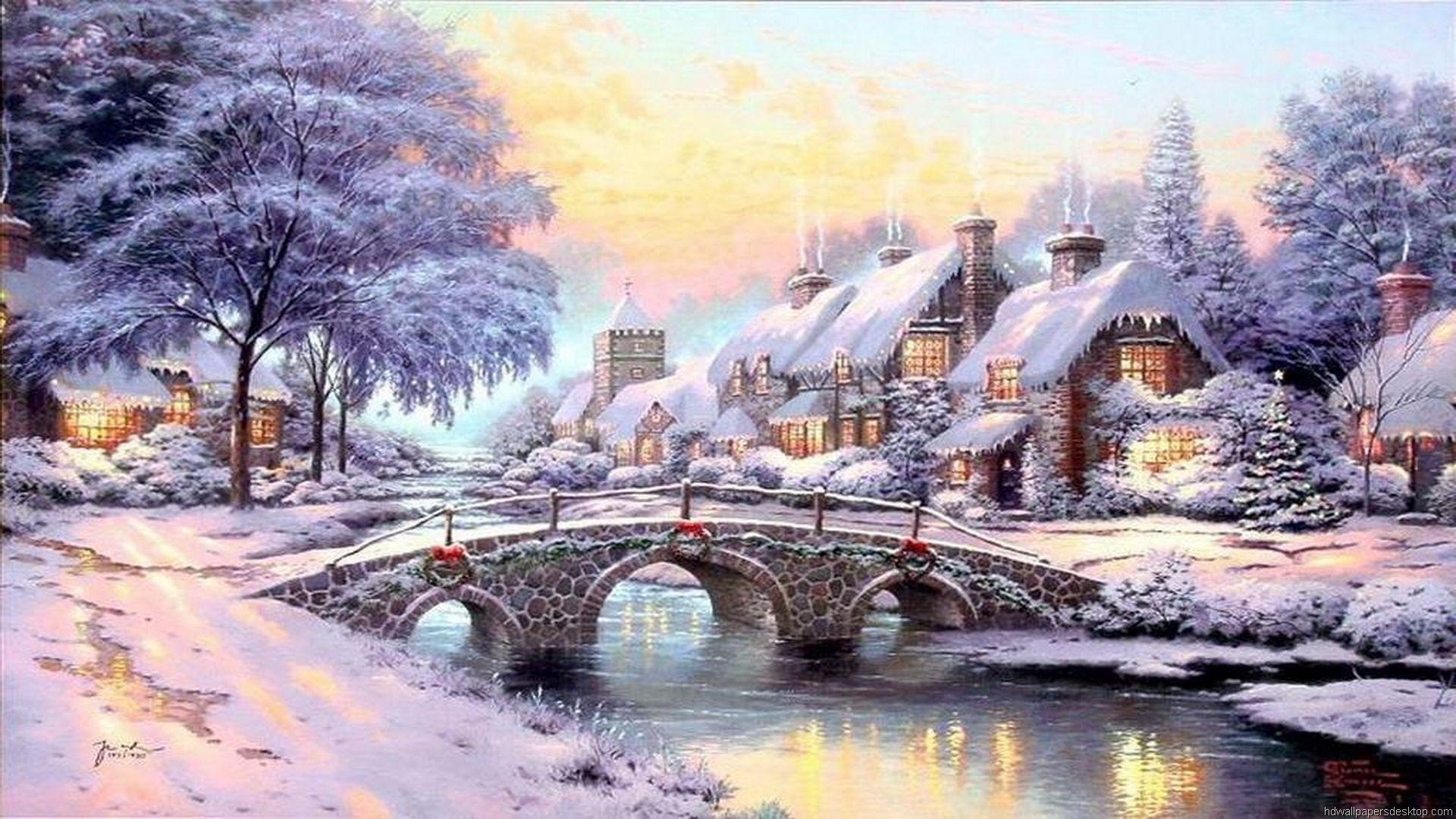 Thomas Kinkade, Weihnachtsdorf, Weihnachtskunst, Feiertag, Winterlandschaft, 1920x1080 Full HD Desktop