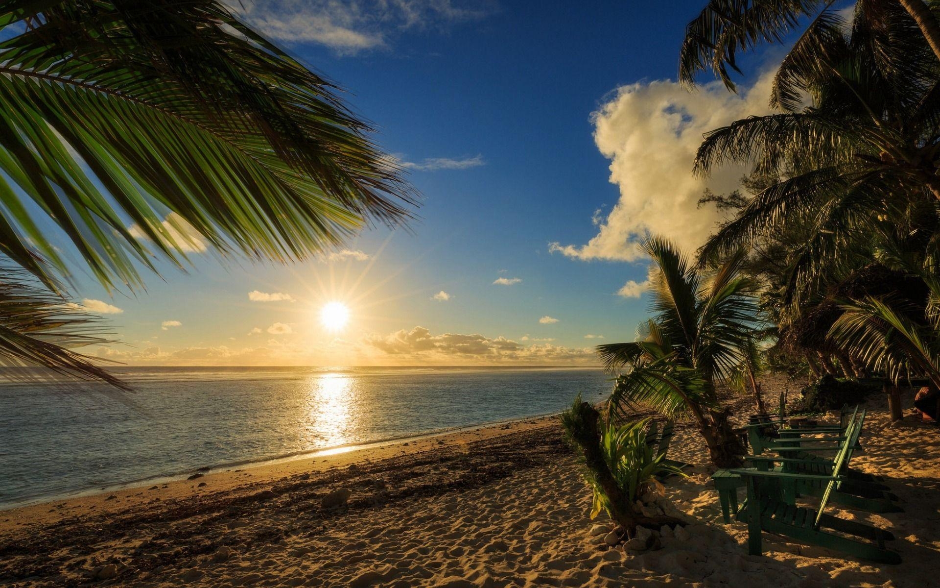 Strand, Sonnenuntergang, Ozean, Palmen, Cook Inseln, 1920x1200 HD Desktop