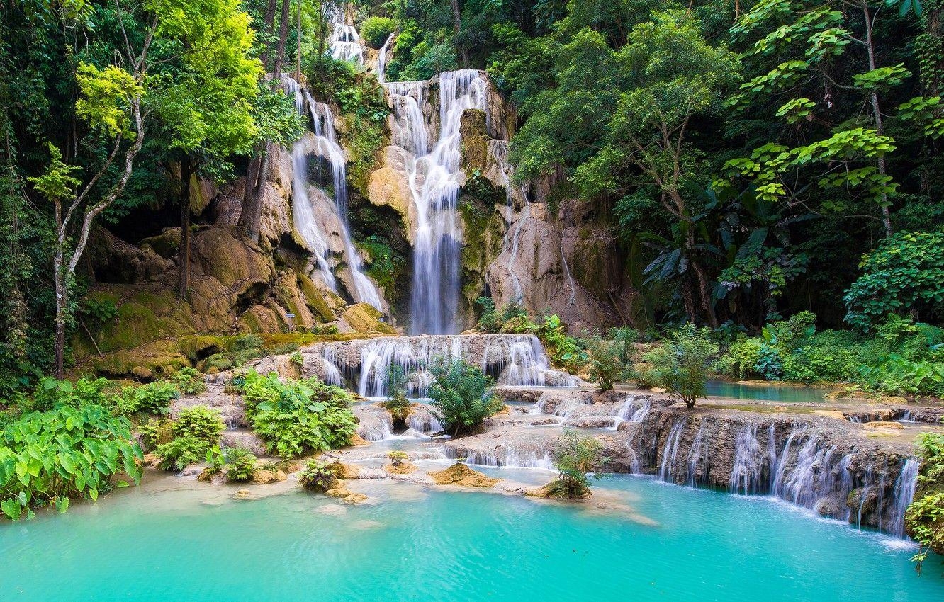 Laos, Wald, Fluss, Steine, Wasserfall, 1340x850 HD Desktop